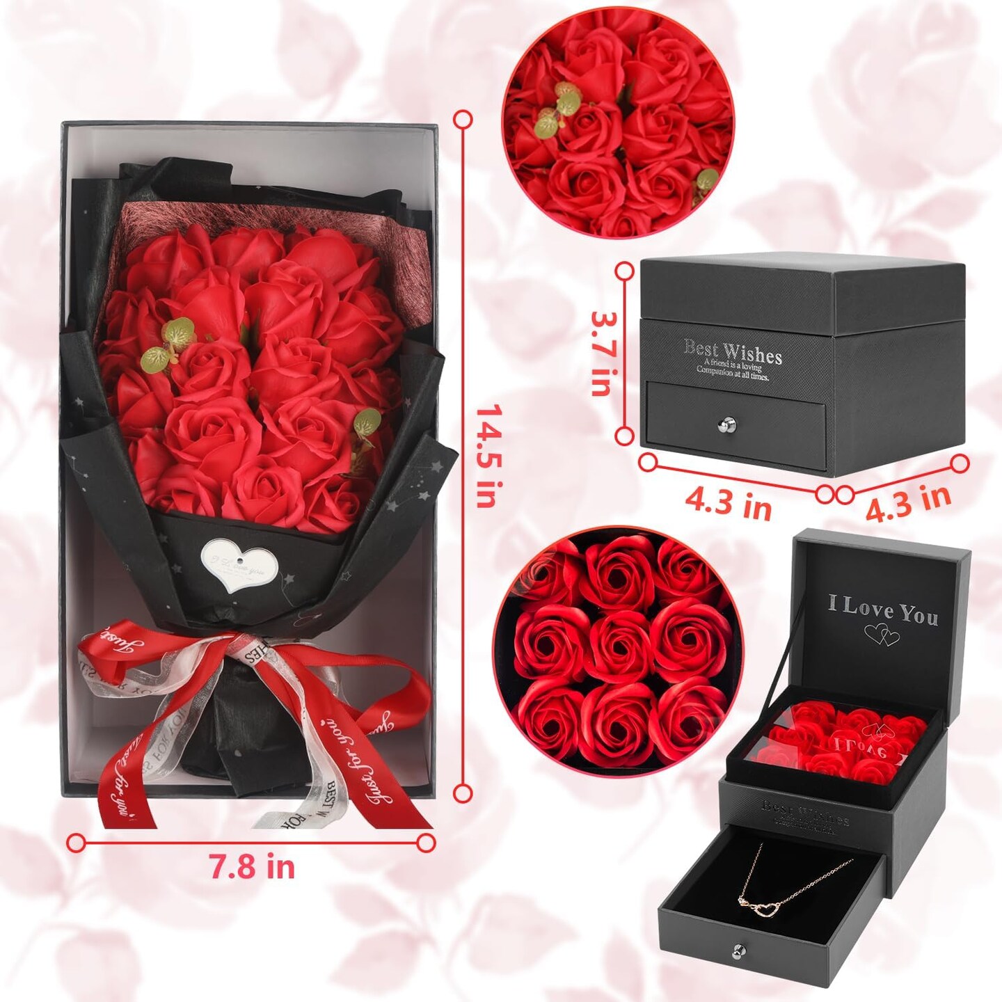 Rose Bouquet Rosas Eternas Preserved Rose Bouquet 18 Flower Bouquet with Beautiful Love Necklace, Unique Gift for Birthday, Valentine&#x27;s Day, Mother&#x27;s Day, Thanksgiving, Christmas, Anniversary(Red)