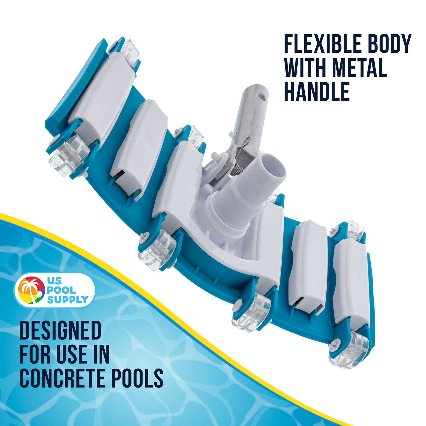 U.S. Pool Supply&#xAE; 14&#x22; Weighted Flexible Concrete Swimming Pool Vacuum Head, Swivel Hose Connection &#x26; Aluminum Spring Action Pole Handle - Connect 1-1/4&#x22; or 1-1/2&#x22; Hose