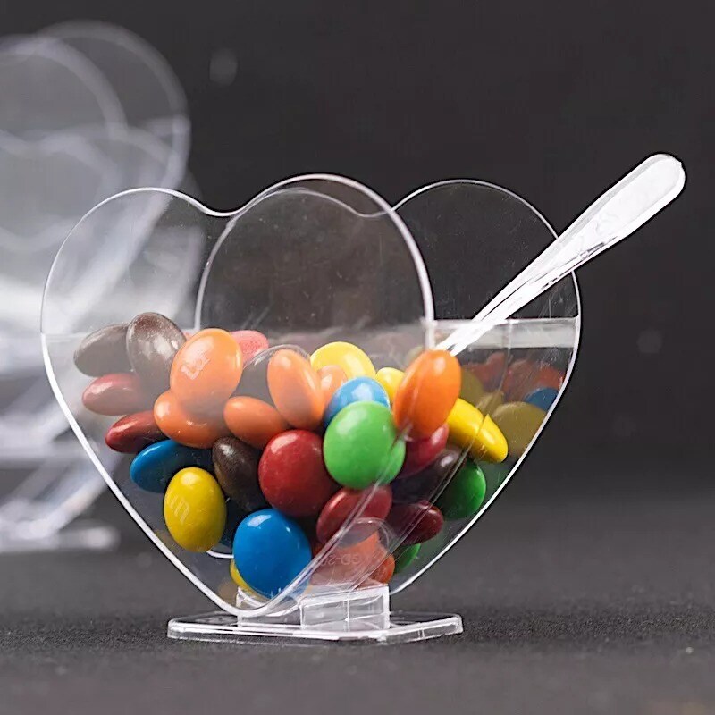 24 Clear 2 oz Heart Shaped Disposable Plastic Dessert CUPS SPOONS Party Events
