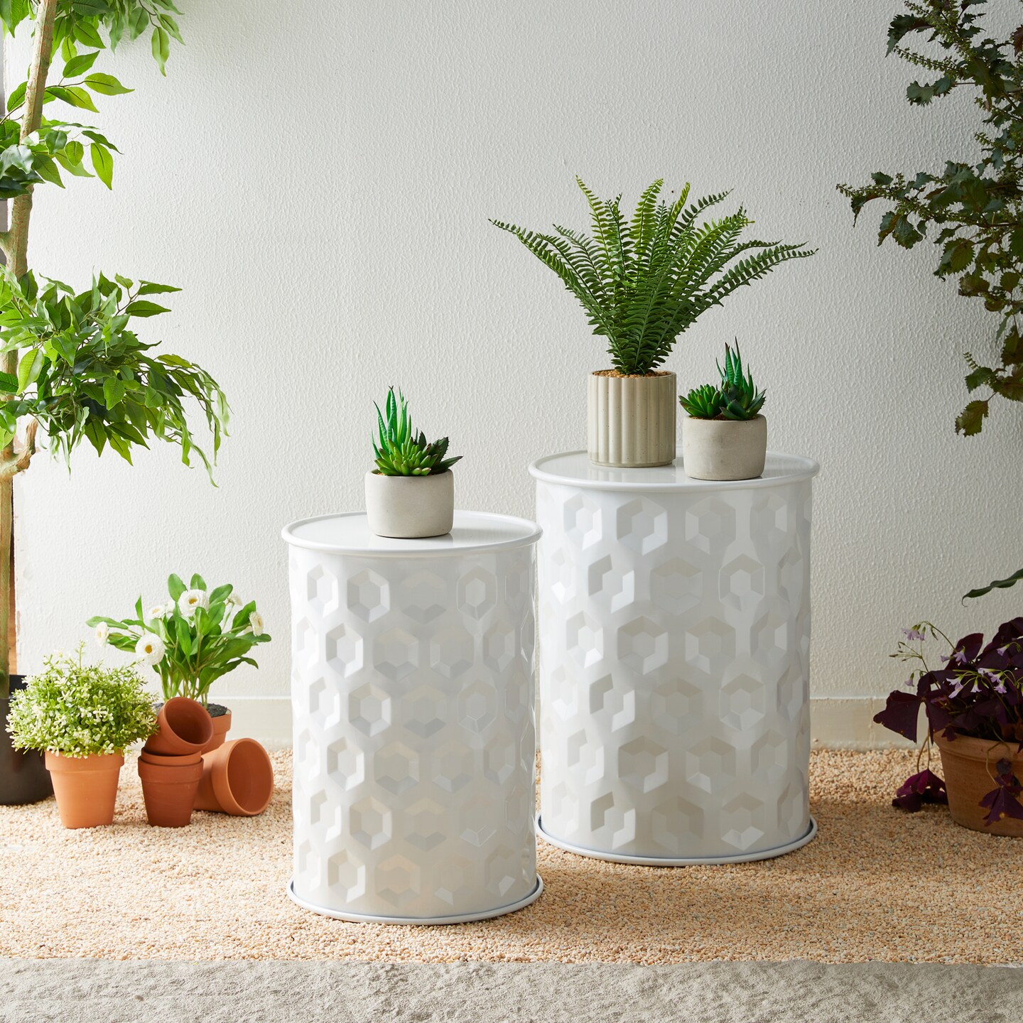 Set of 2 Embossed Honeycomb Texture Cylindrical Metal Garden Stool
