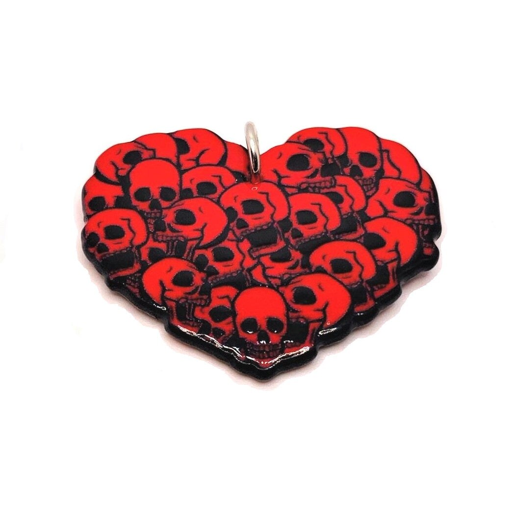 1, 4 or 20 Pieces: Red Punk Rocker Valentine&#x27;s Day Heart Charm with Skulls Charm: Double Sided