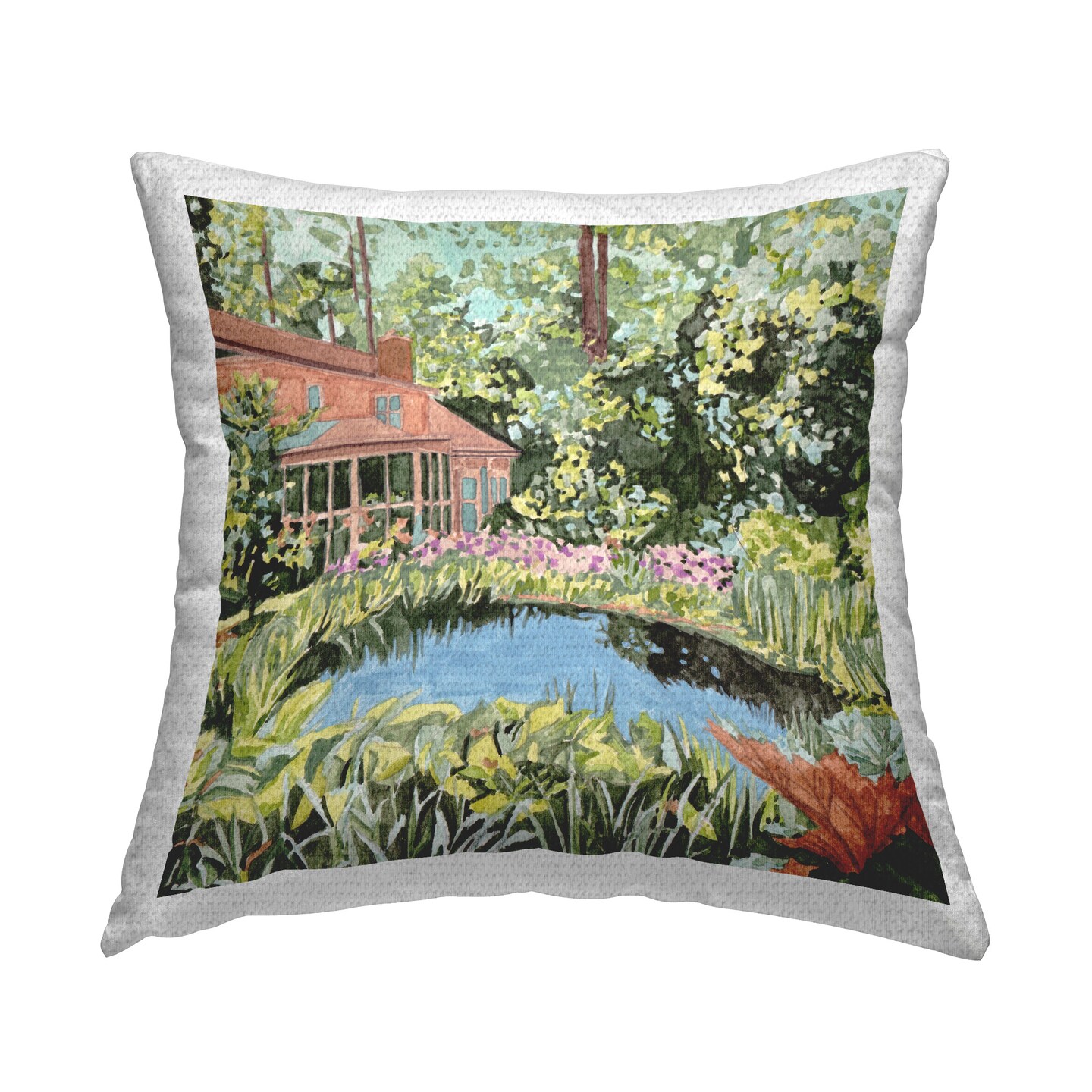 Cottage with Garden Pond Design by Melissa Wang Outdoor Printed Pillow