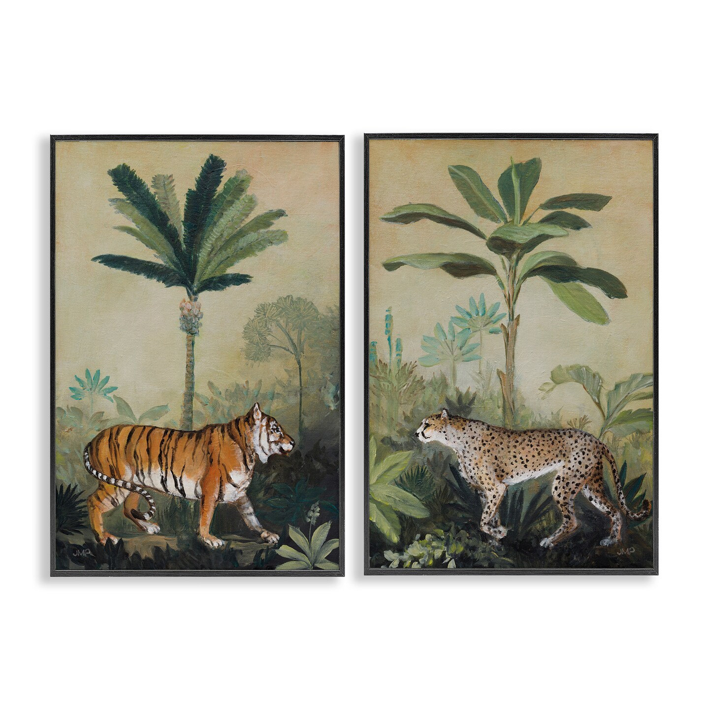 Stupell Industries Tiger Cheetah Jungle Forest 2 pc Framed Giclee Wall Art Set Design by Julia Purinton