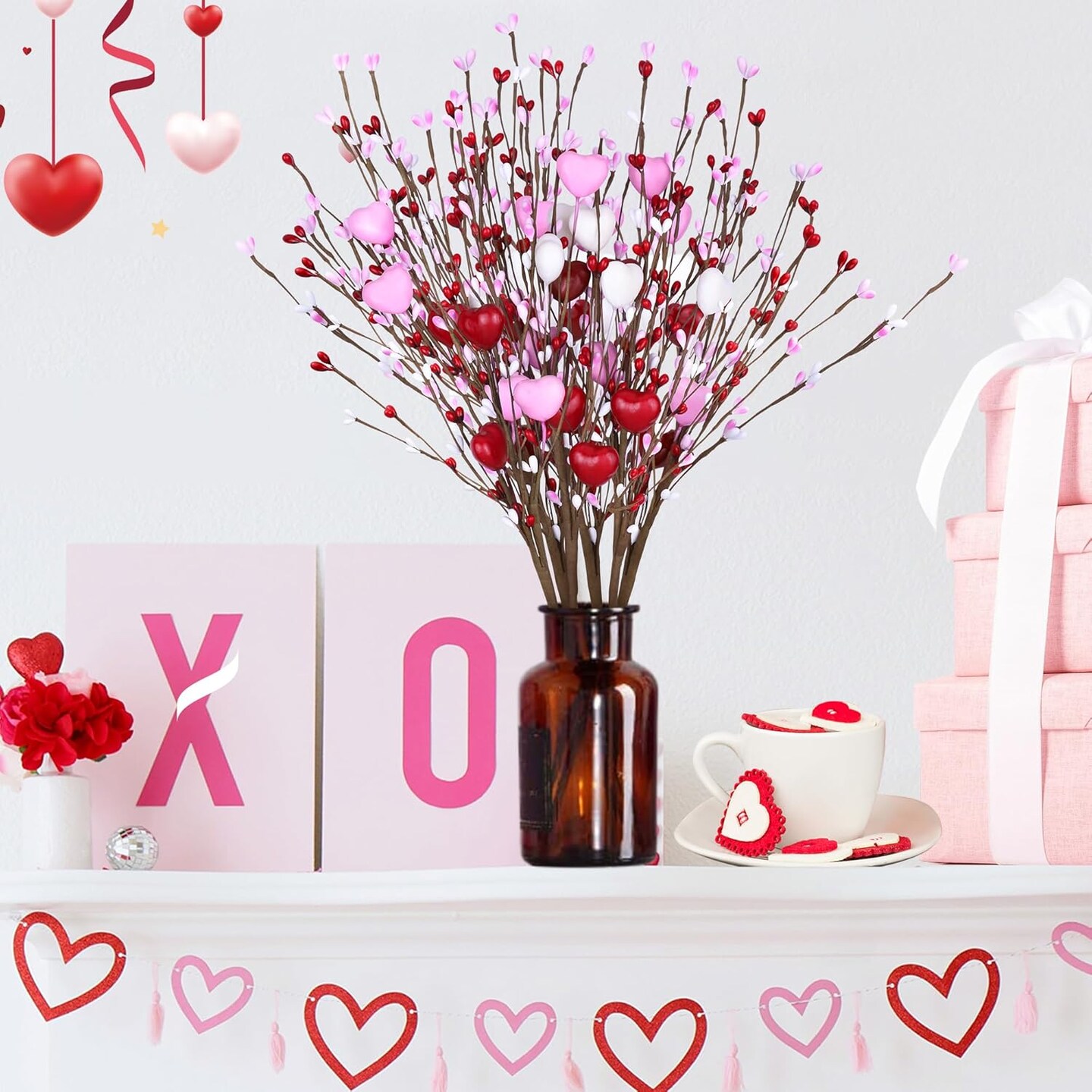 Valentines Day Decorations Artificial Hearts Flowers Berry Stems Gifts, 6 Packs Red Pink White Valentine Heart Shaped Picks for Wedding Anniversary Vase Filler Valentines Party Decor