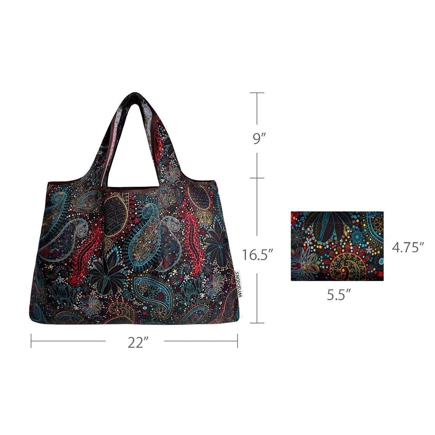 Wrapables Large Foldable Tote Nylon Reusable Grocery Bags, Cosmic Paisley