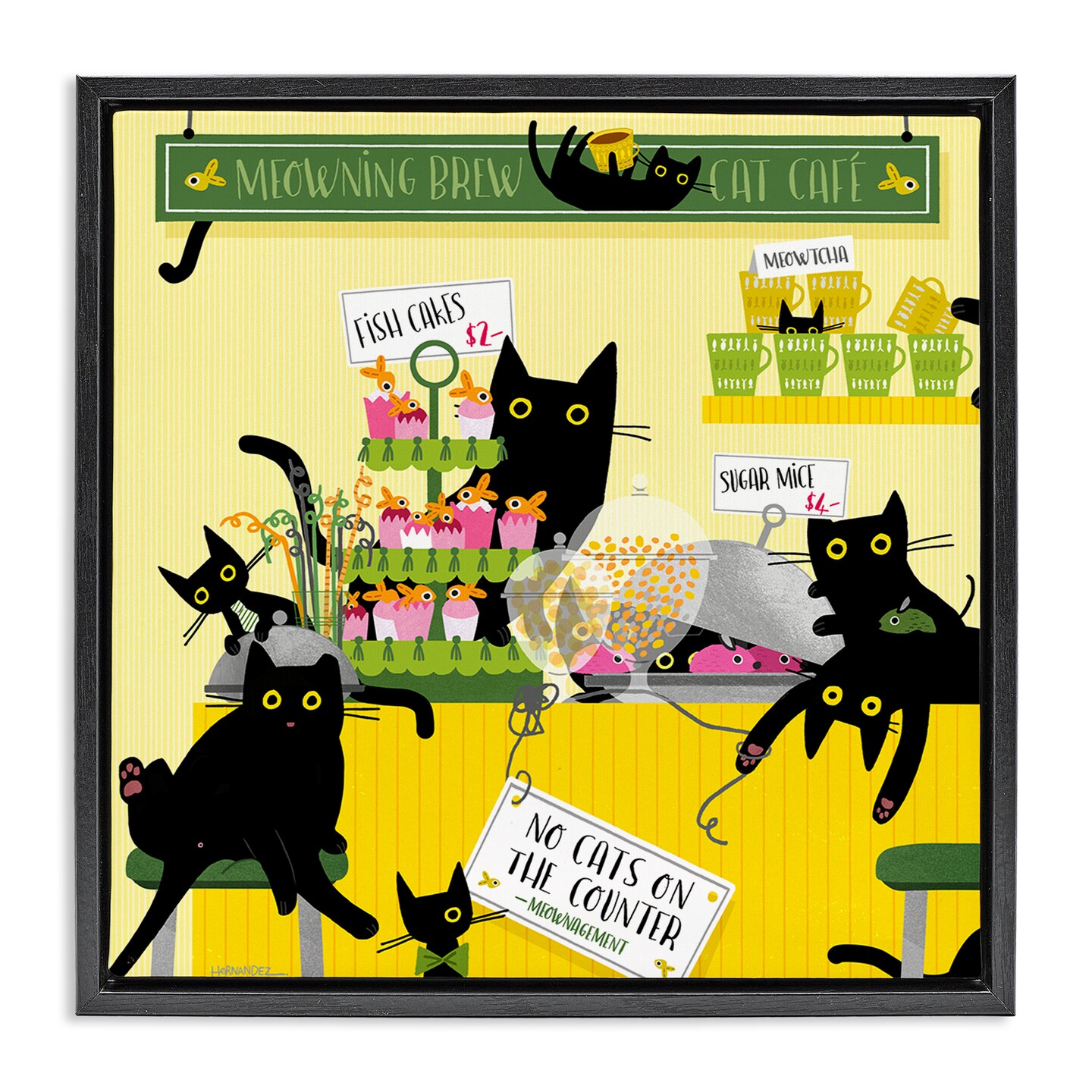 Stupell Industries Silly Cat Café Bakery Framed Floater Canvas Wall Art Design by Leeza Hernandez