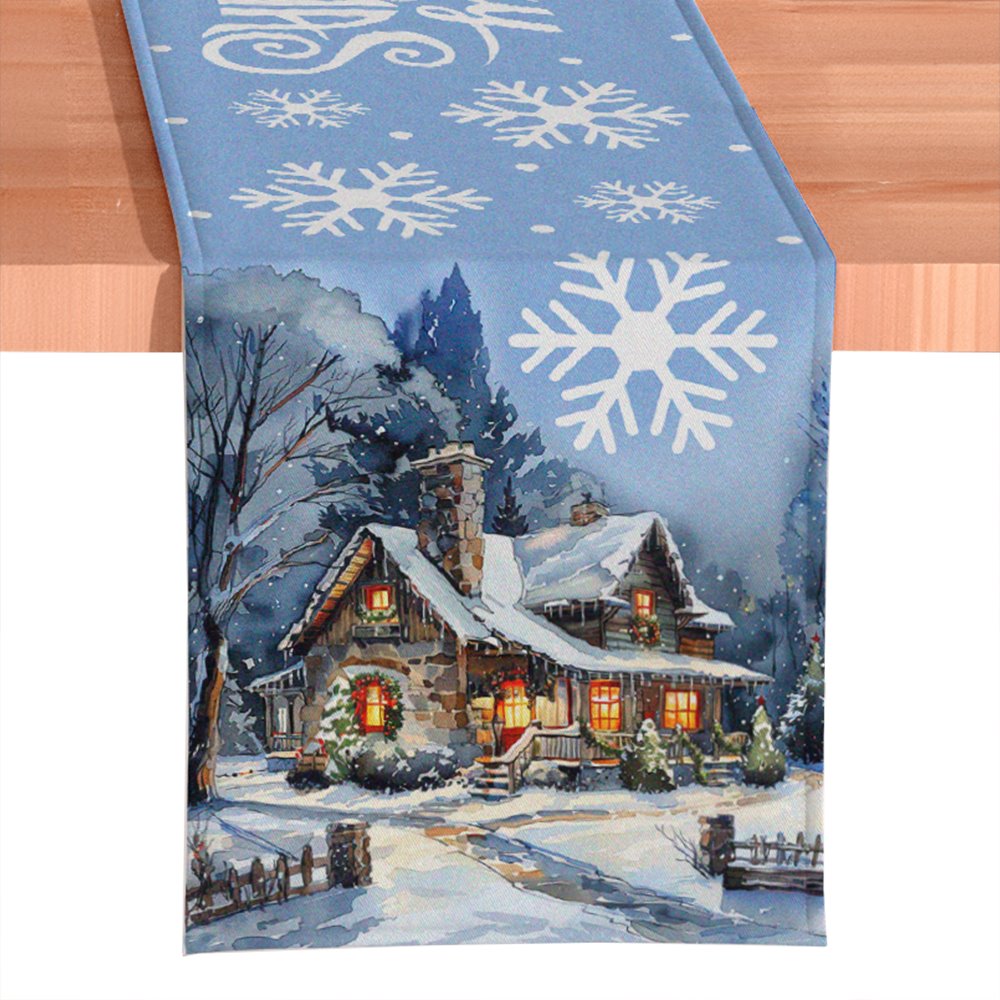 Gracefully Artful Winter Cabin 72&#x22; Table Runner, Merry Christmas Blue Rectangle Tablecloth with Snowflakes