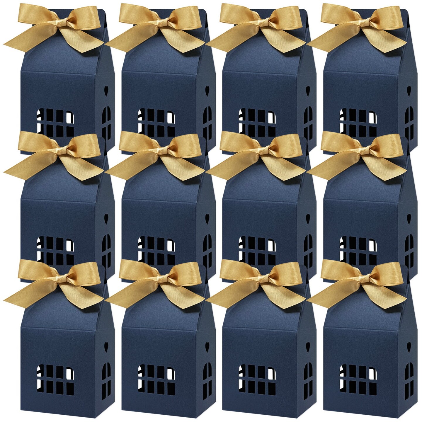 Wrapables House Shaped Gift Boxes with Ribbons for Weddings, Housewarming, Cookies, Candies, Treats, Party Favors (Set of 12), Blue