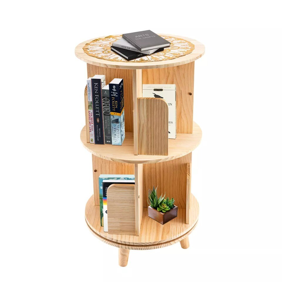 Wood 360 [ROTATING BOOKCASE] Freestanding 2 Tiers Small Bookshelf Display Rack