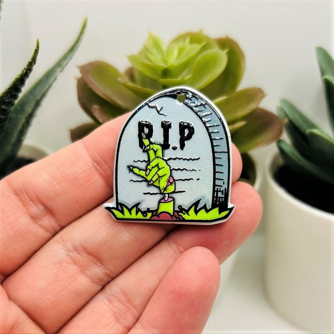 1, 4 or 20 Pieces: Acrylic Zombie Tombstone Halloween Charm - Double Sided