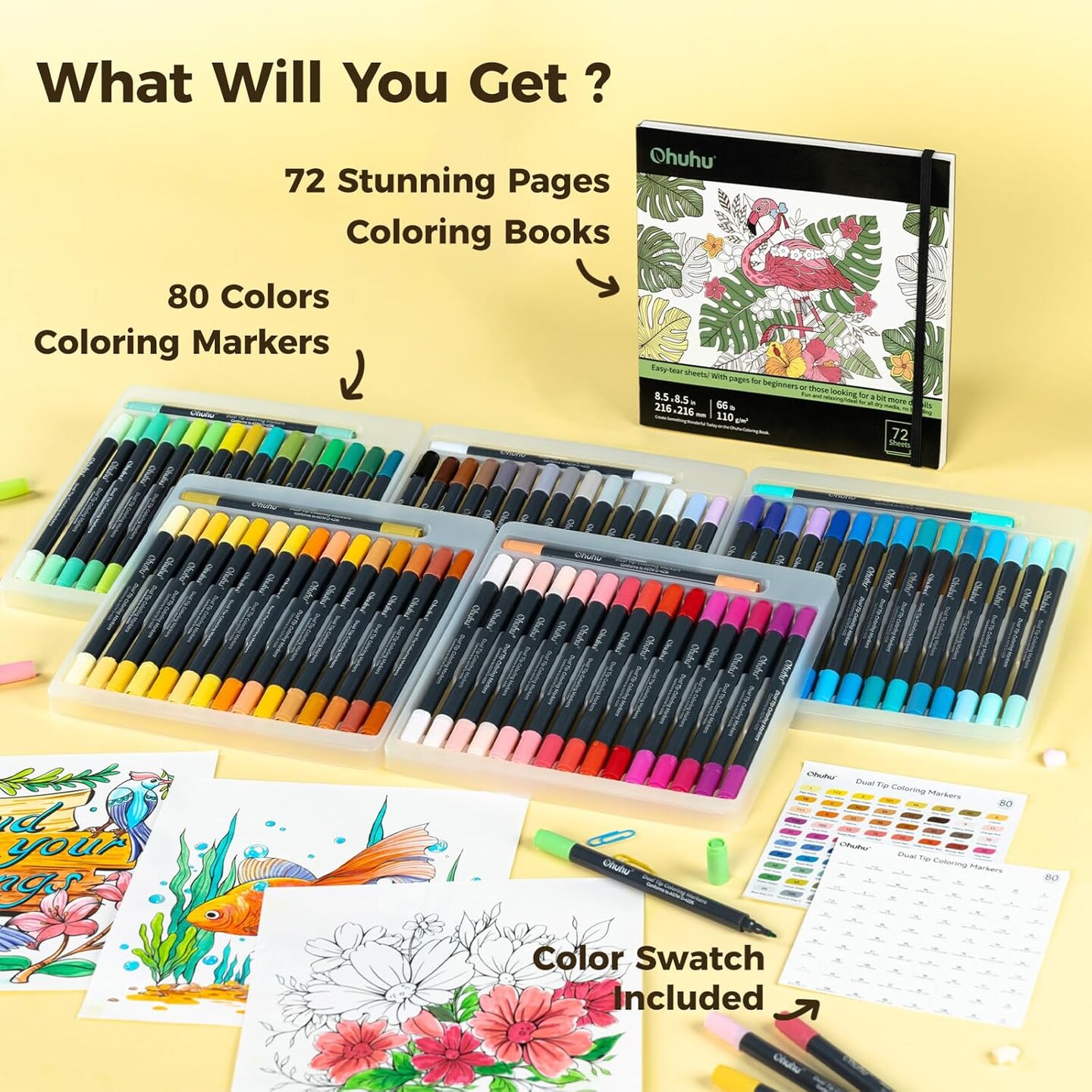 Ohuhu Markers Brush Tip 80-Colors with 72-Sheet Coloring Book - Double Tipped Markers for Adults Coloring Books - Art Marker Set Bundles with 100% Bleed-Proof Coloring Pages - Fine &#x26; Brush Dual Tips