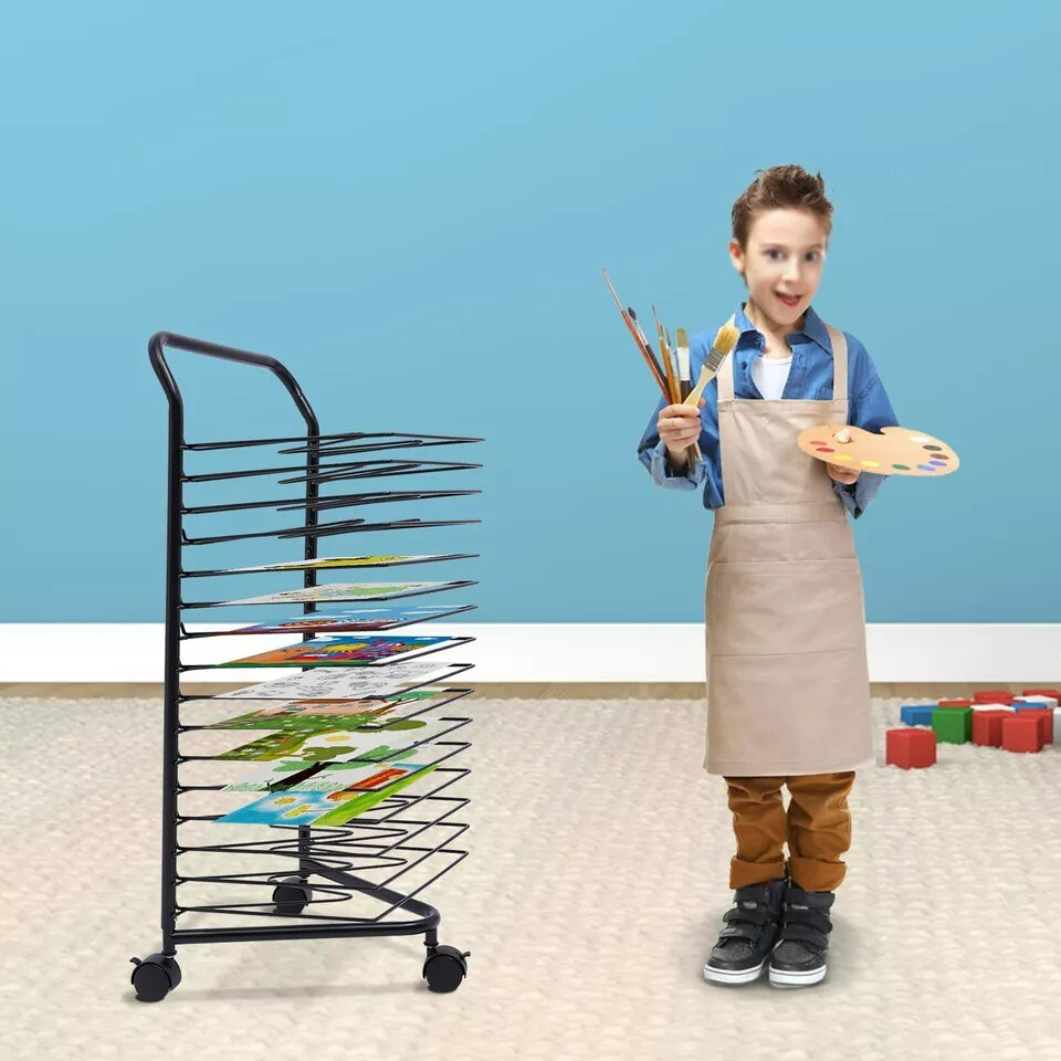 Mobile Paint Drying Rack Metal Desktop Artwork Storage 16 Shelves Rolling Cart