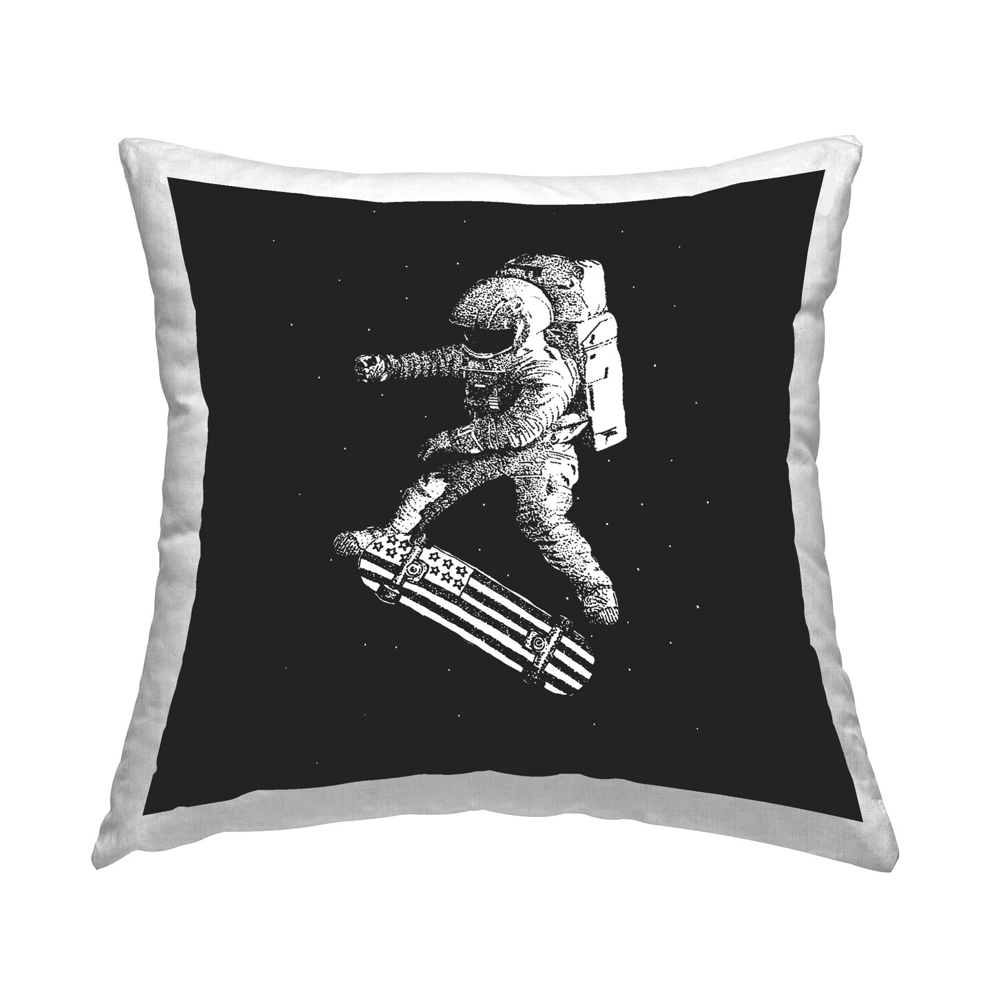 Skateboarding Astronaut on Black Design by Robert Farkas Throw Pillow
