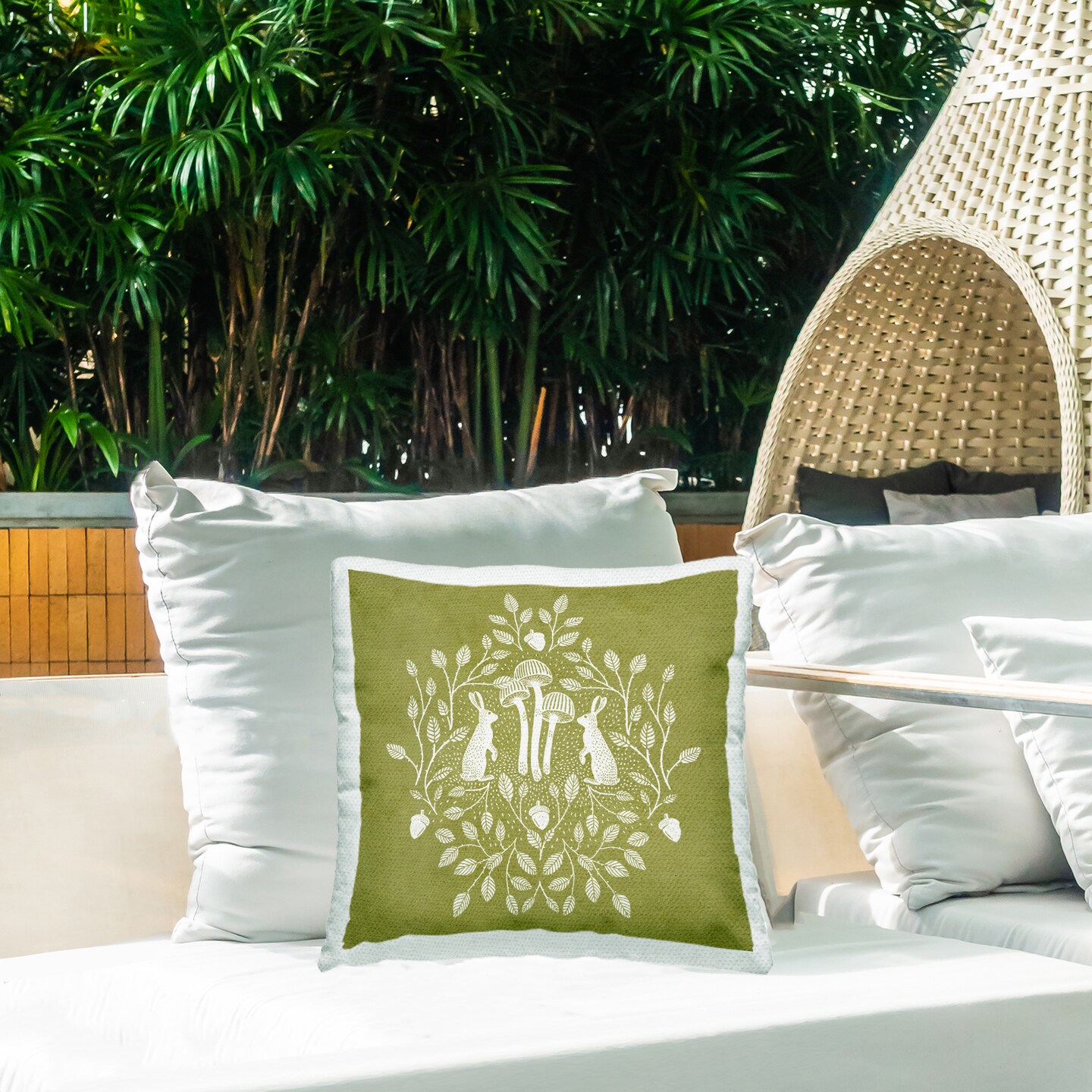 Olive Green Botanical Rabbits Outdoor Printed Pillow Design by Katie O&#x27;Shea, 18 x 7 x 18