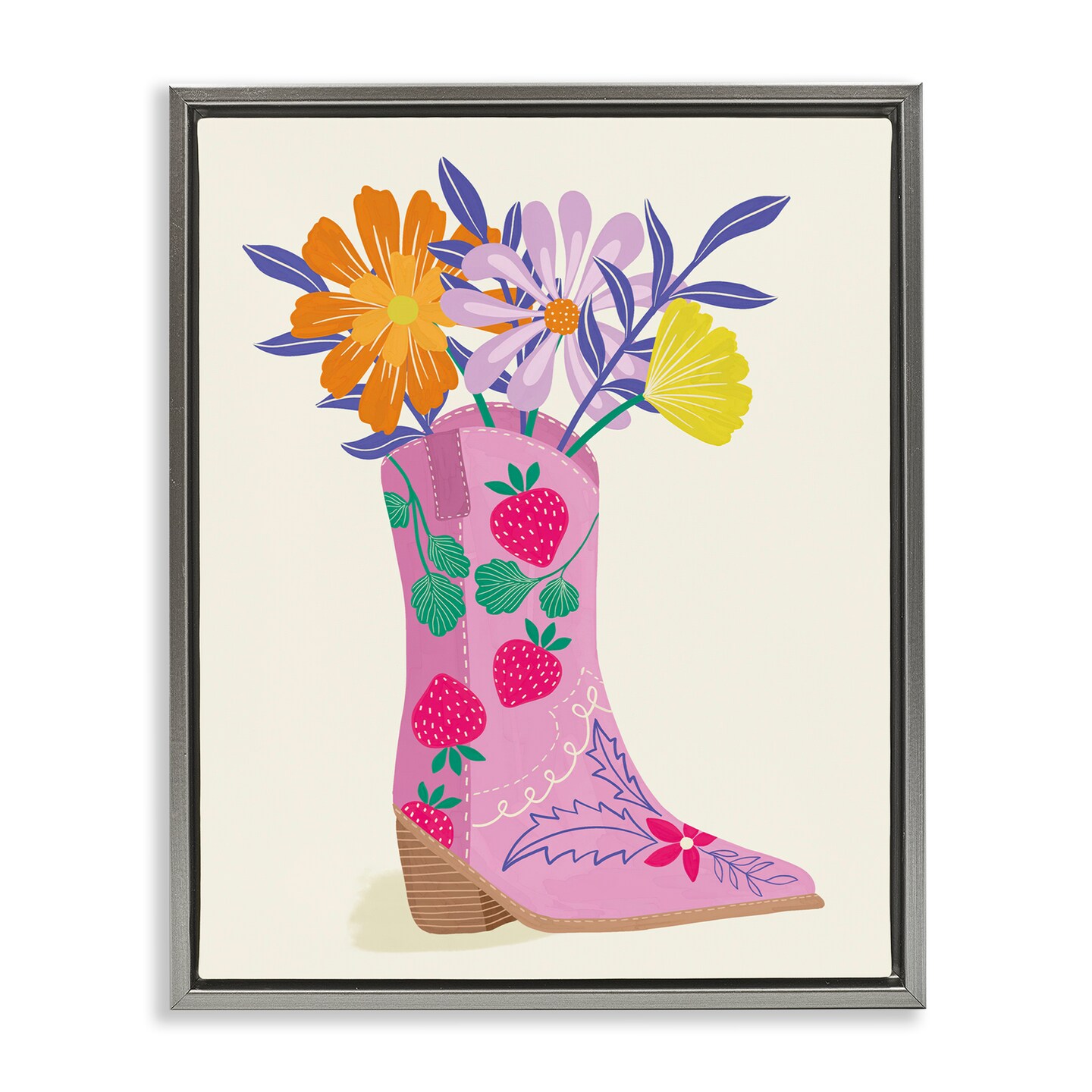 Stupell Industries Strawberry Patterned Floral Boots Framed Floater Canvas Wall Art Design by Aralma