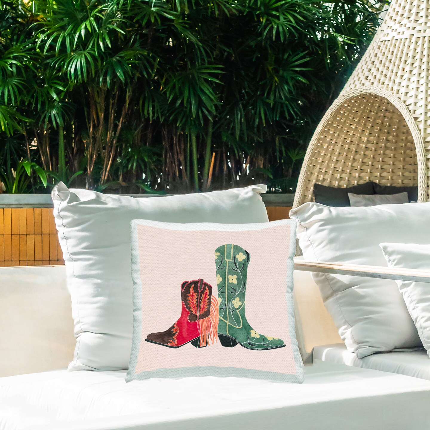 Patterned Cowboy Boots Design by Grace Popp Outdoor Printed Pillow 