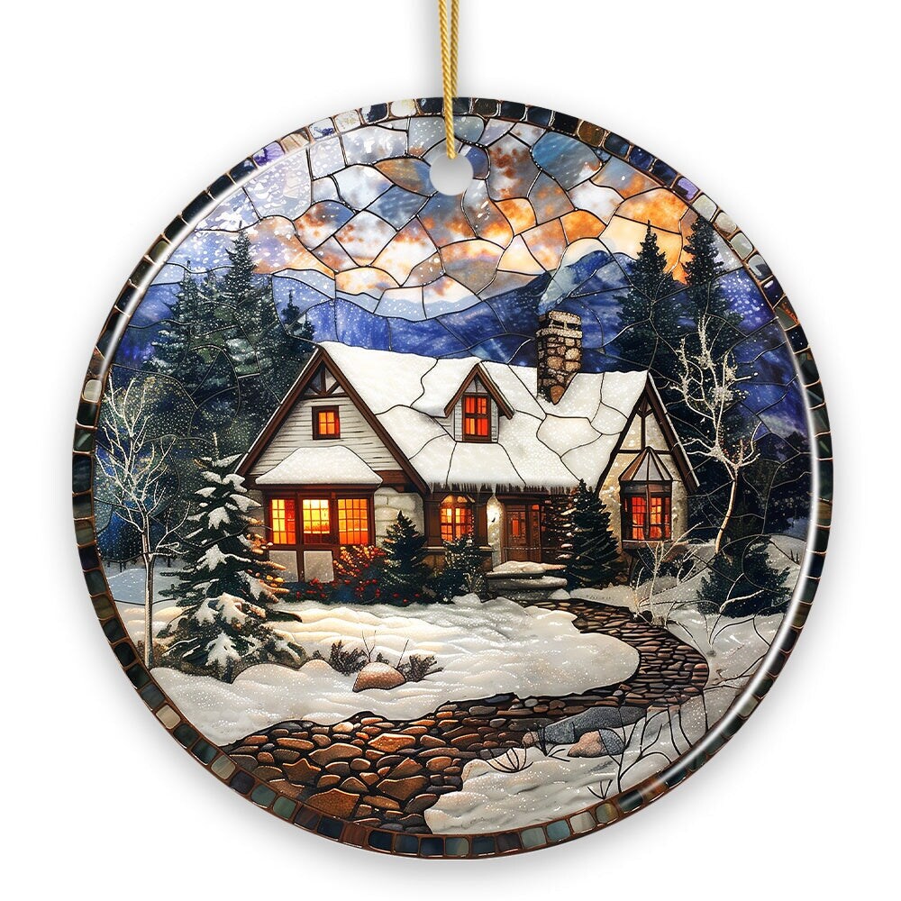 Elegant Rustic Winter Cabin Stained Glass Themed Ceramic Christmas Ornament Vintage Tree Decoration
