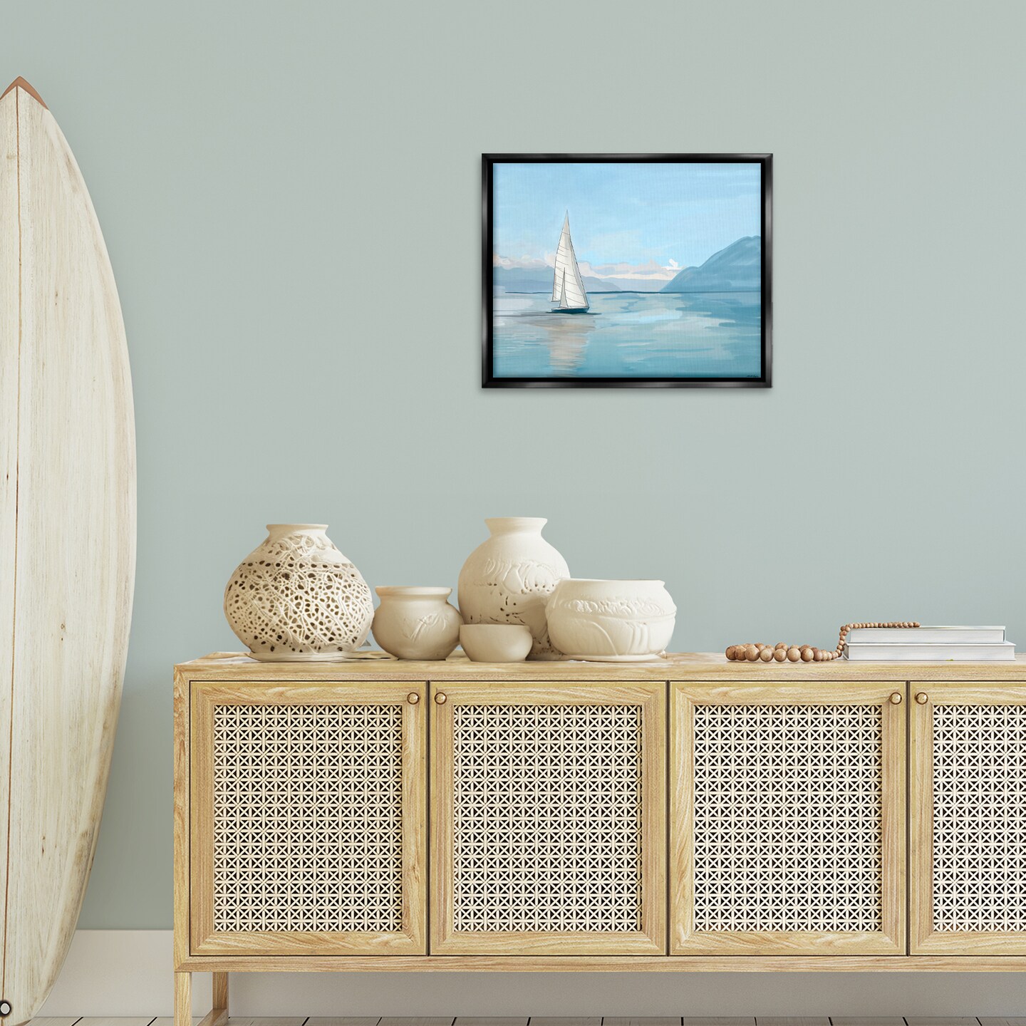 Stupell Industries Peaceful Sailboat on Water Framed Floater Canvas Wall Art Design by Amelia Noyes