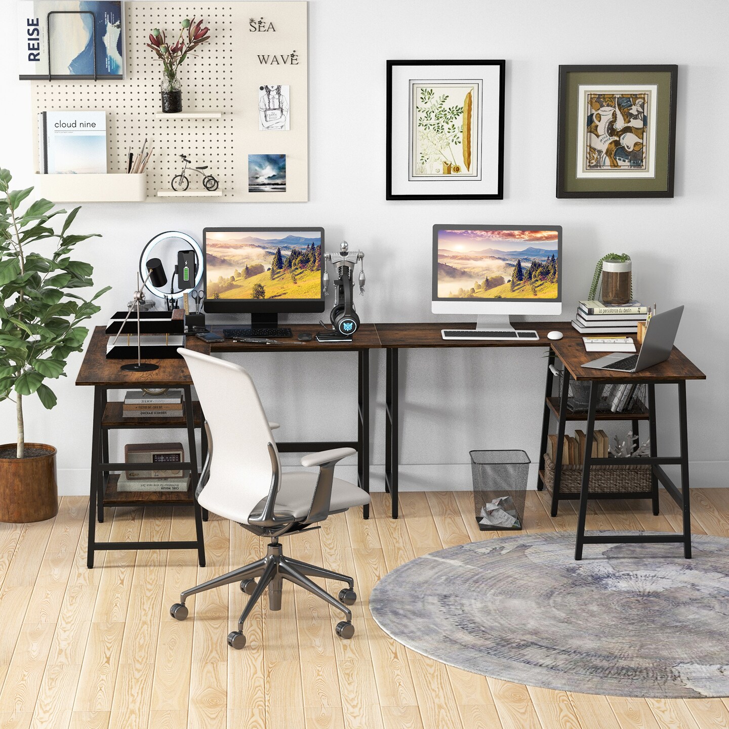 L Shaped Corner Computer Desk with Storage Shelves and Heavy Duty Metal Frame