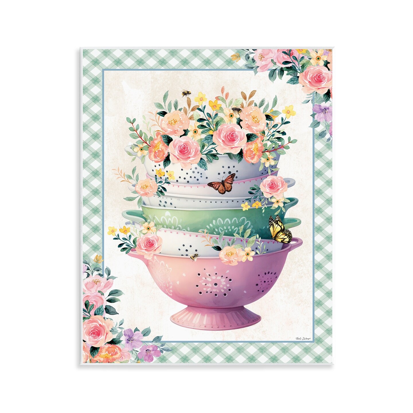 Stupell Industries Stacked Bowls Plaid Border Wall Plaque Art Design by Nicole DeCamp