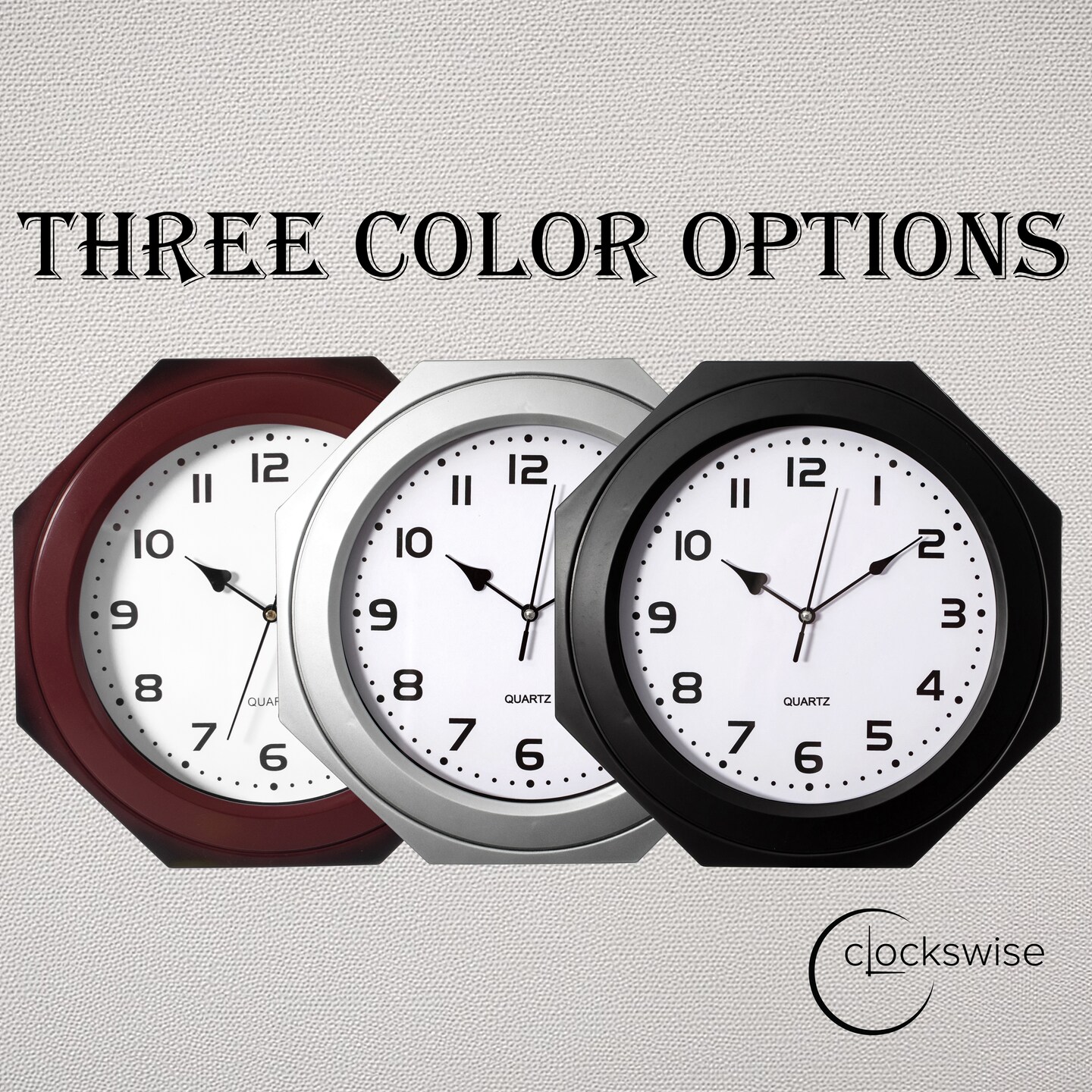 Clockswise Non-Ticking Octagon Plastic Analog Wall Clock - Elegant Decorative Accent for Home D&#xE9;cor in Bedroom, Bathroom, Living Room, Dining Room, Entryway, Hallway, Kitchen or Office, Black