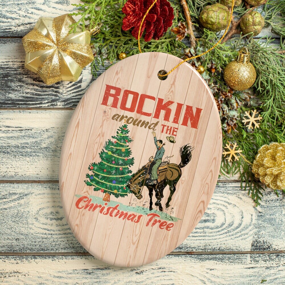 Vintage Western Theme Rockin Around the Christmas Tree Ornament, Cowboy Rodeo Old Fashioned Decor
