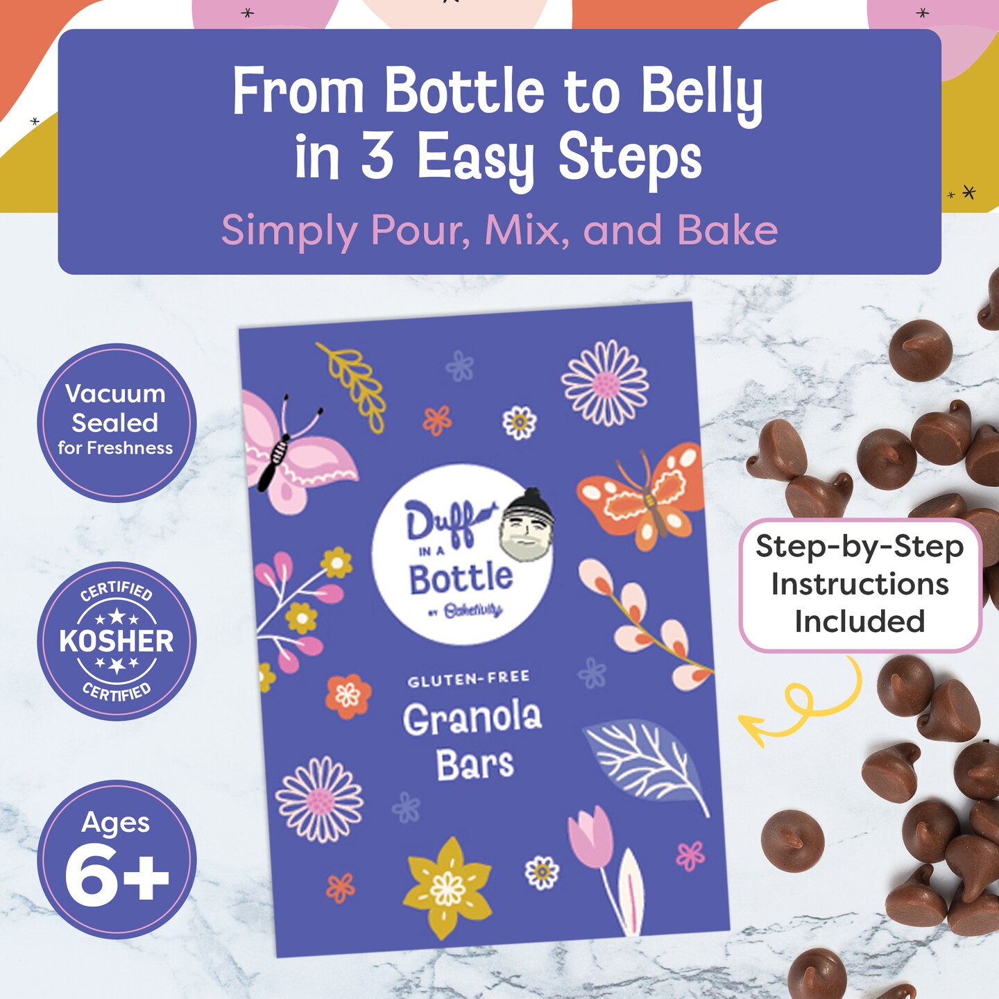 Baketivity Chocolate Granola Mix- Duff in a Bottle Granola Bar Baking Kit for Kids and Adults - Premeasured Ingredients like Oats, Banana Chips, Vanilla Sugar, Unsweetened Coconut, and Chocolate Chips