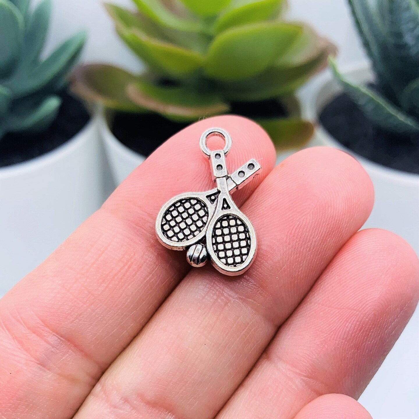 4, 20 or 50 Pieces: Silver Tennis Racket Charms, Double Sided