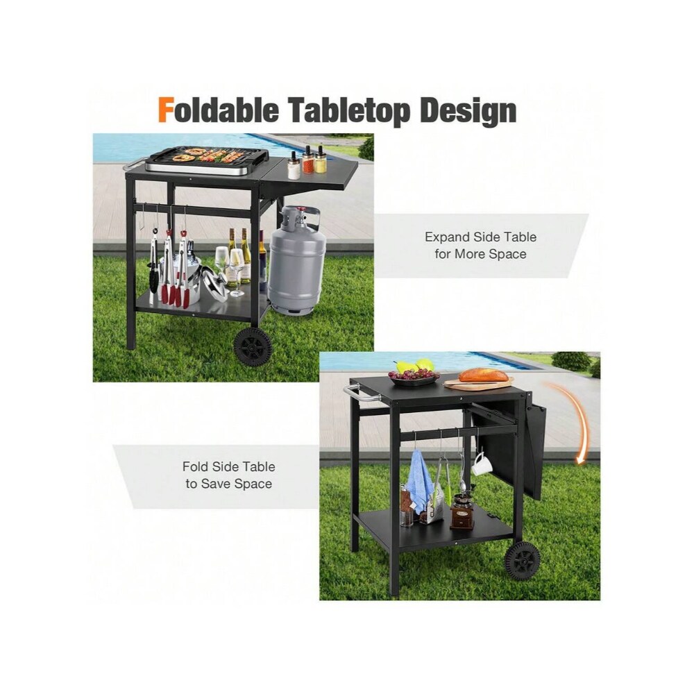 Black Movable Outdoor Grill Cart with Folding Tabletop and Hooks