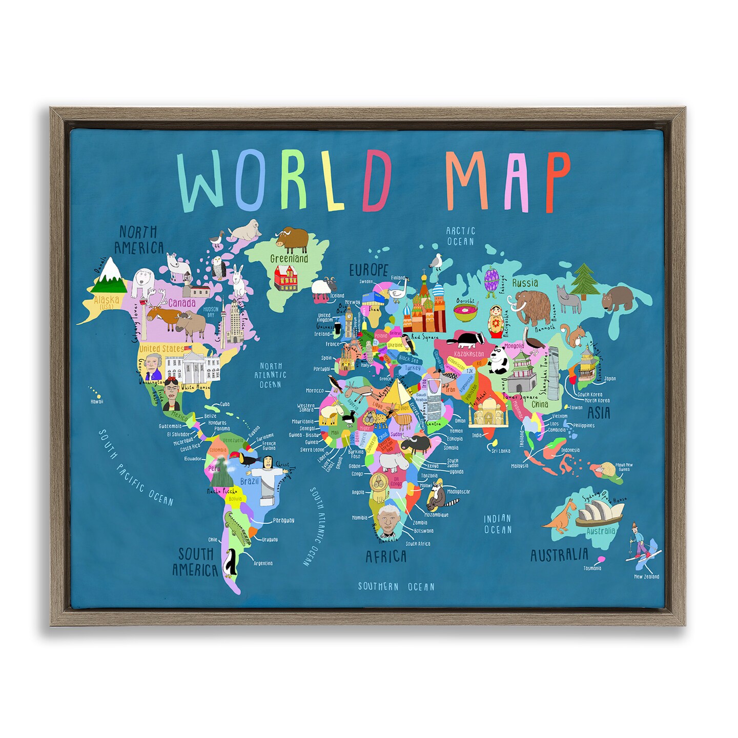 Stupell Industries World Map with Landmarks Framed Floater Canvas Wall Art Design by Carla Daly