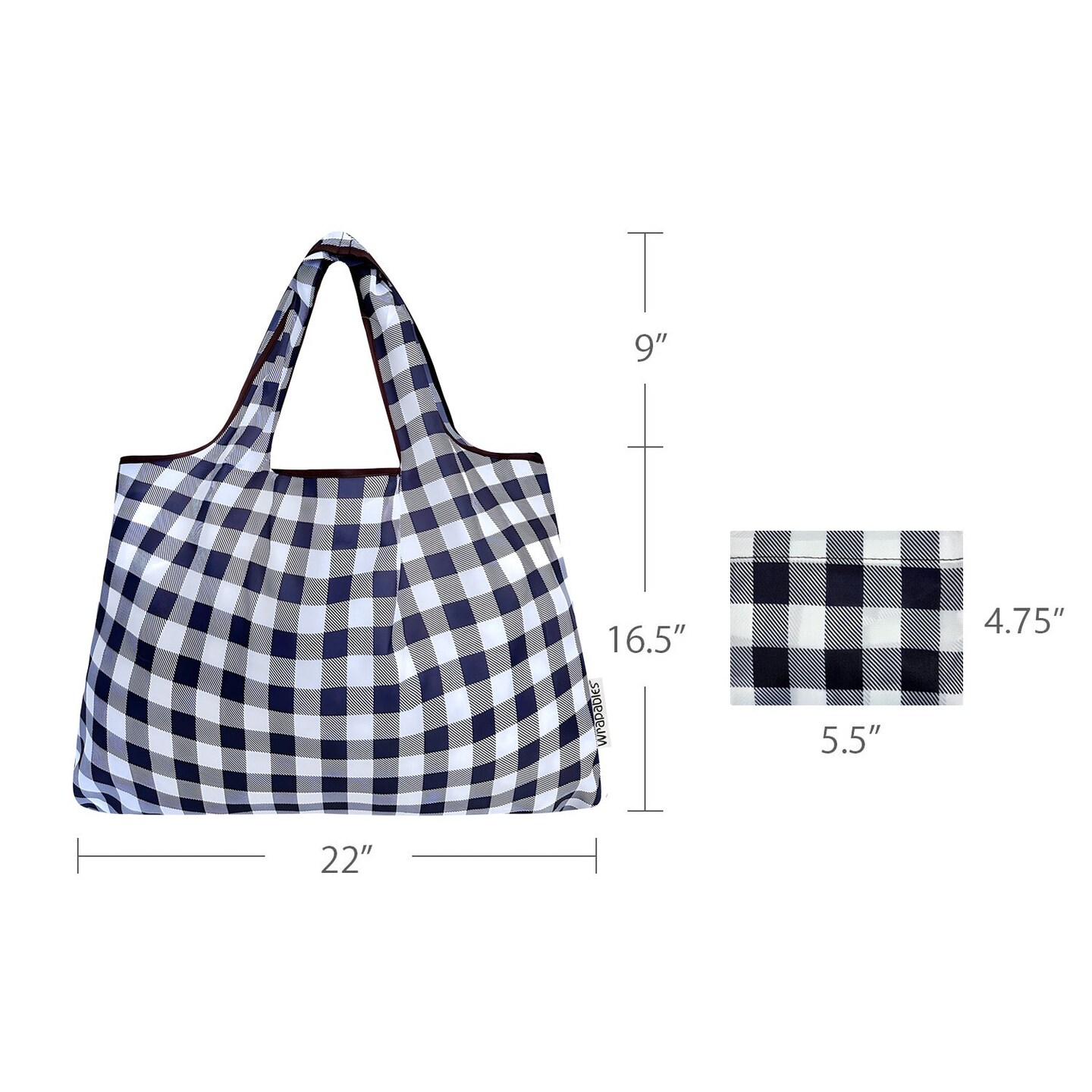 Wrapables Large Foldable Tote Nylon Reusable Grocery Bags, Black Checkers