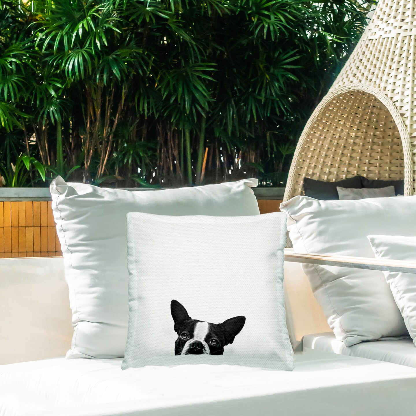 Peeking Dog Eyes Design by Jon Bertelli Outdoor Printed Pillow