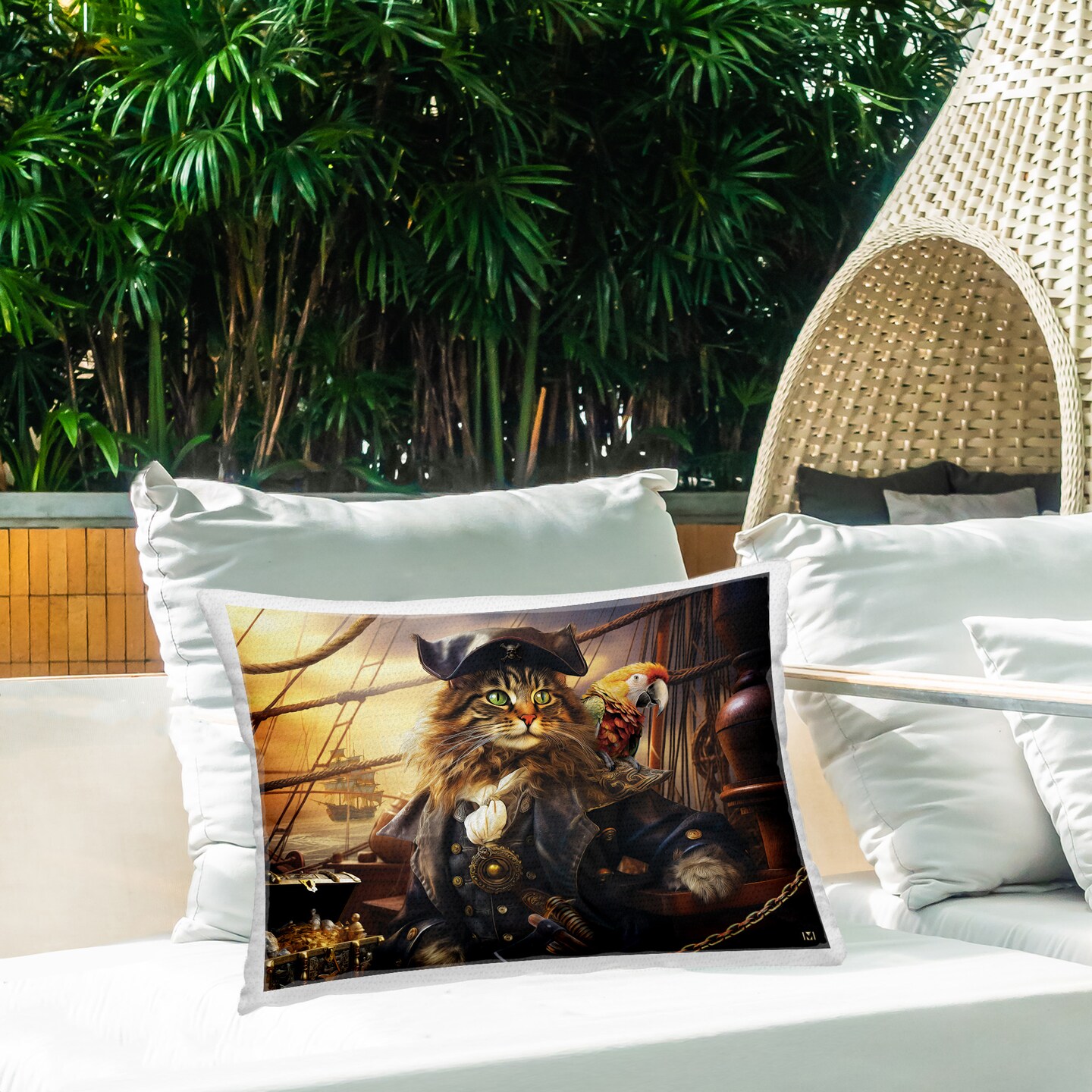 Pirate Cat Aboard Ship Design by Michael David Ward Outdoor Printed Pillow