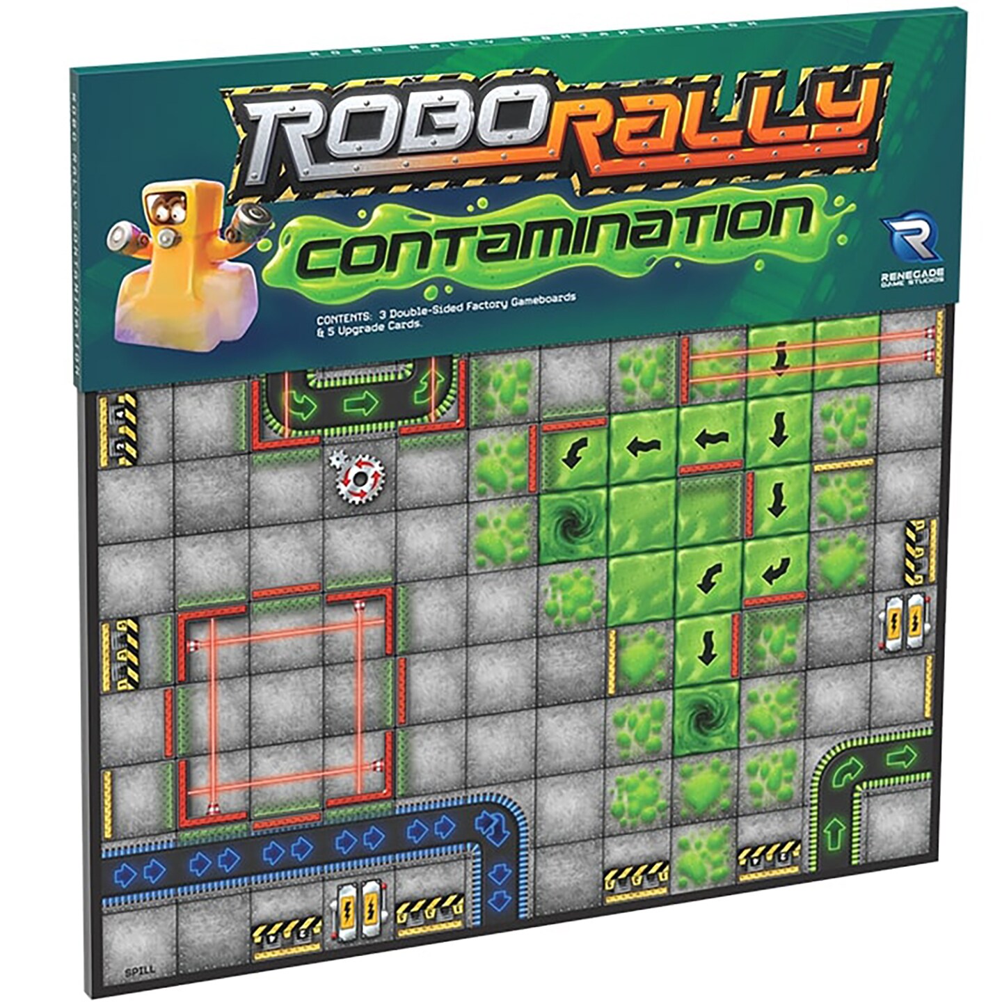 Renegade Game Studios: Robo Rally: Contamination Expansion - Racing Board Game, Trap Doors &#x26; Chop Shop Cards, Ages 12+, 2-6 Players, 45-90 mins