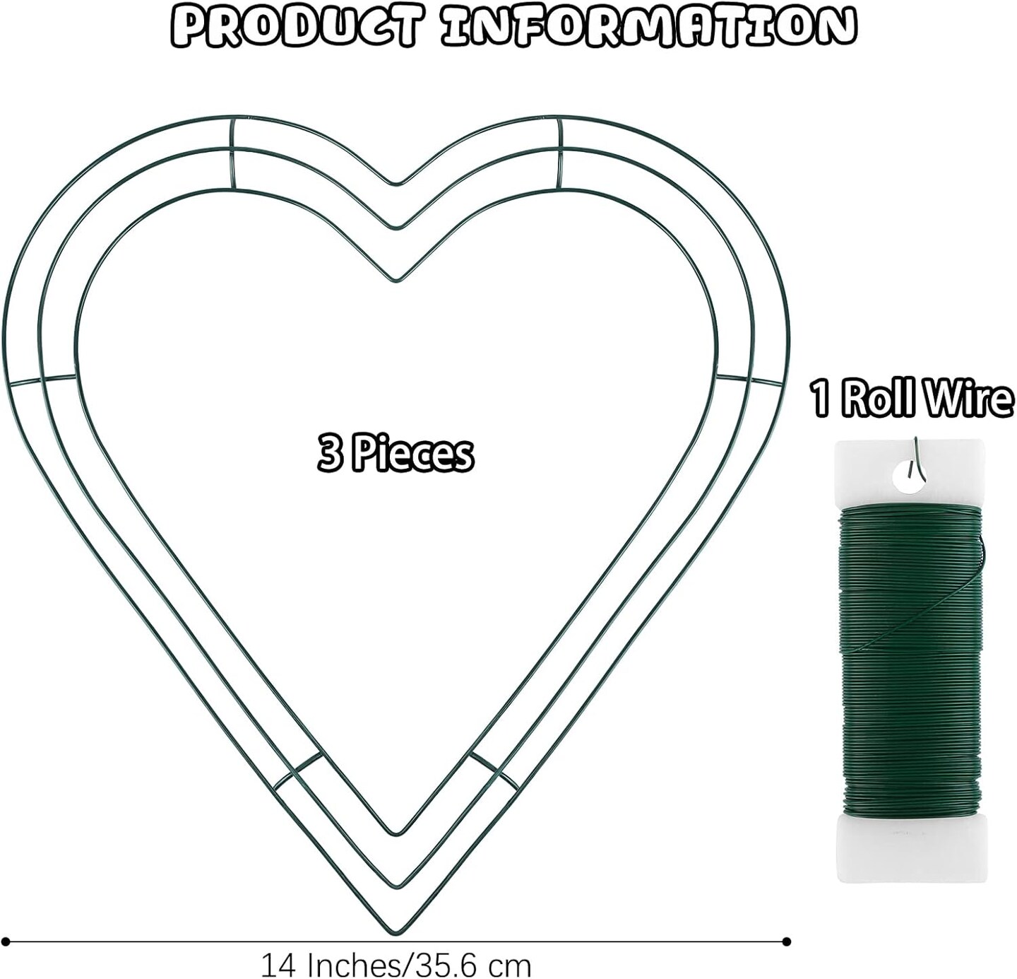 3 Pack Heart Shaped Wire Wreath Frame 14 Inch Green Metal Floral Wreath