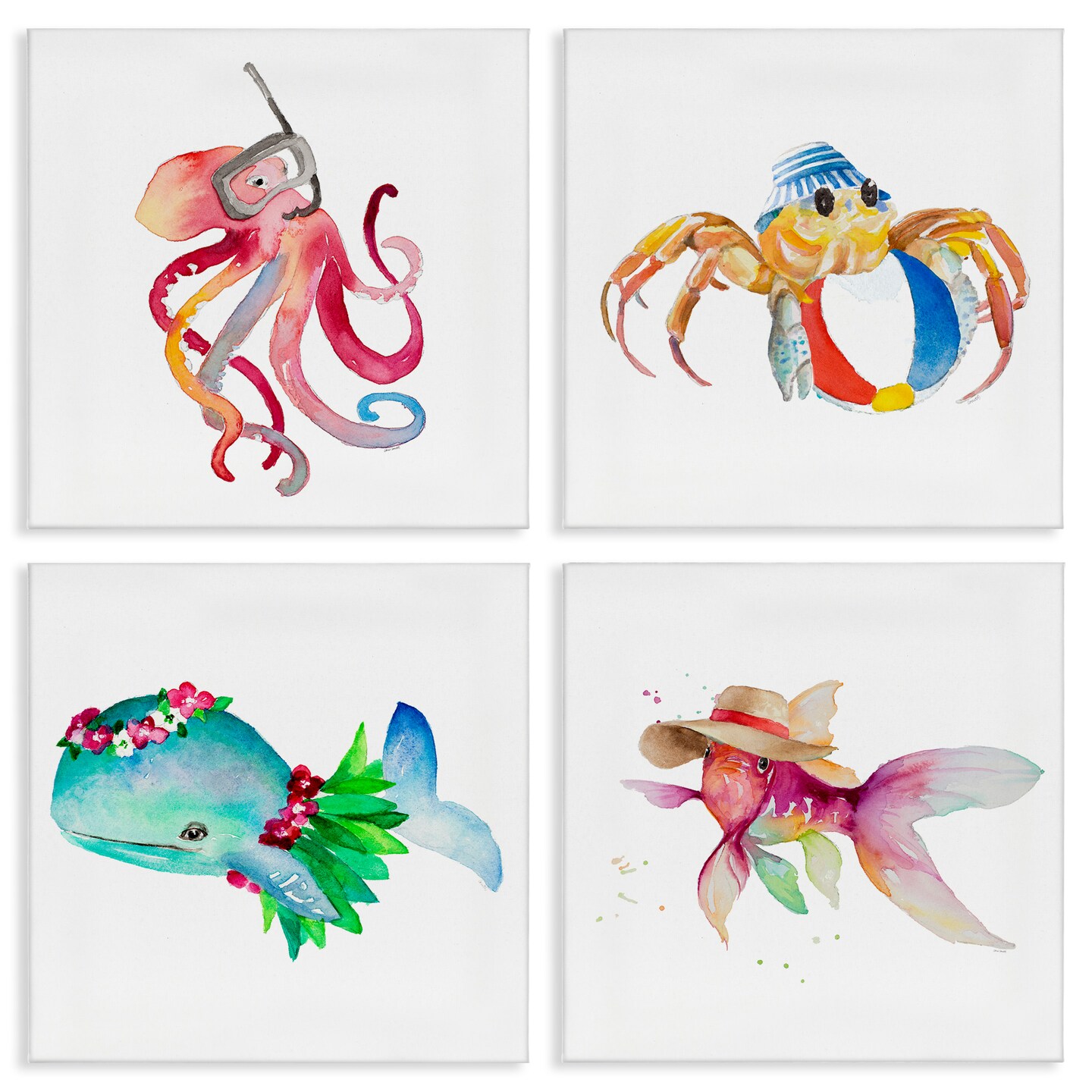 Stupell Industries Sea Creatures at Beach 4 pc Canvas Wall Art Set Design by Samantha Carter