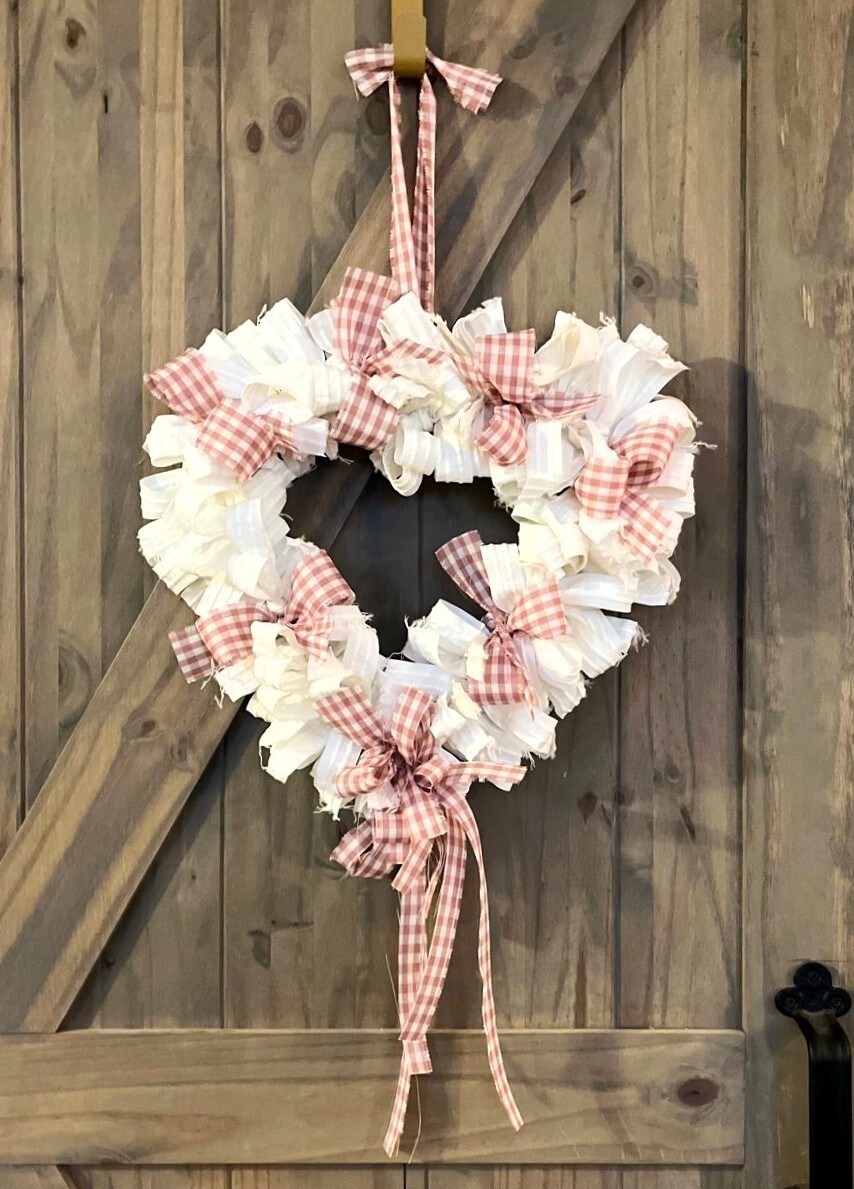 Shabby Chic Heart Rag Wreath Mauve Gingham Art Deco Canvas Vintage Farmhouse Love Nursery Unique Country Cottage Stylish Wreath Handmade