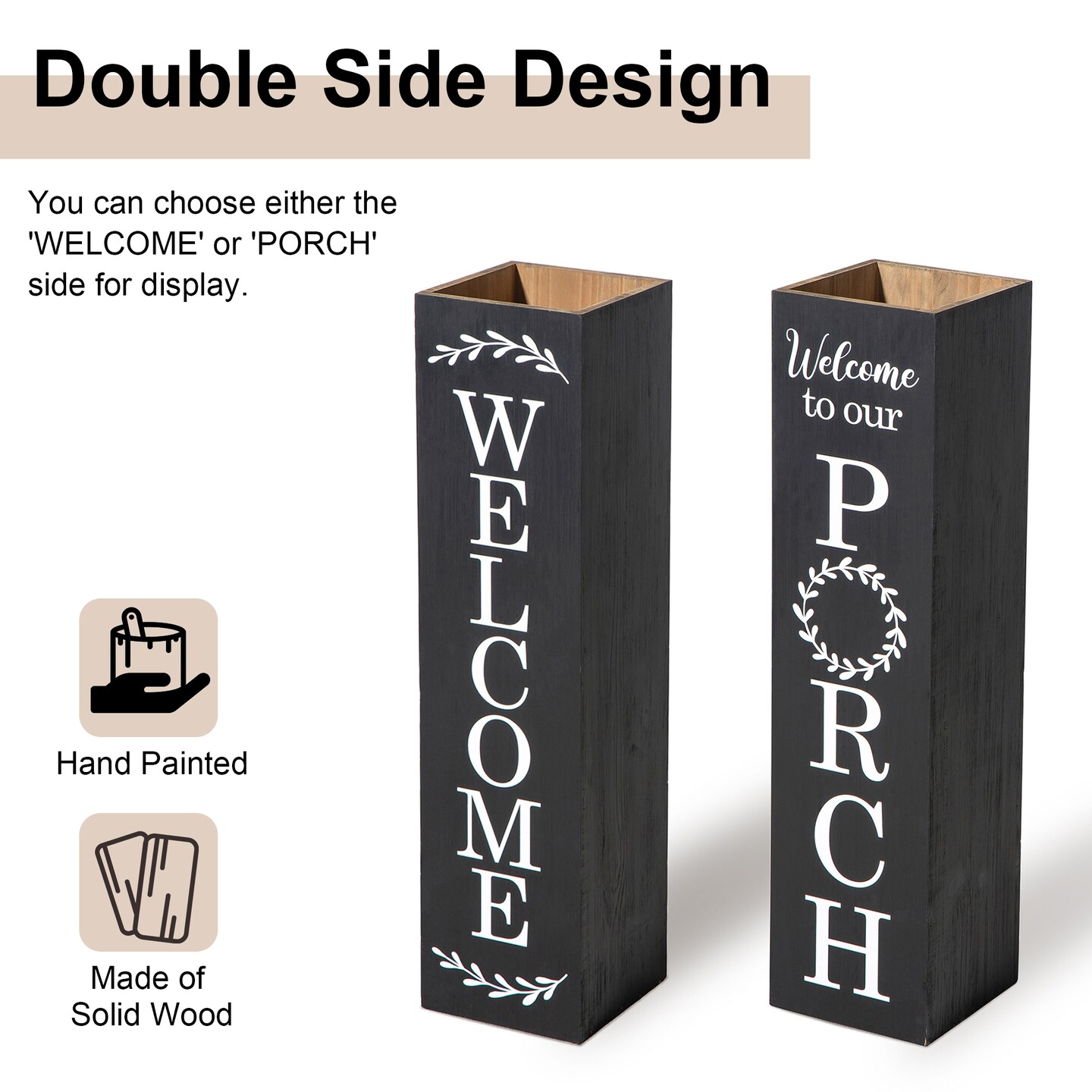 Set of 2 30&#x22;H Double Sided Solid Wood Boxed &#x22;WELCOME&#x22; Porch Signs