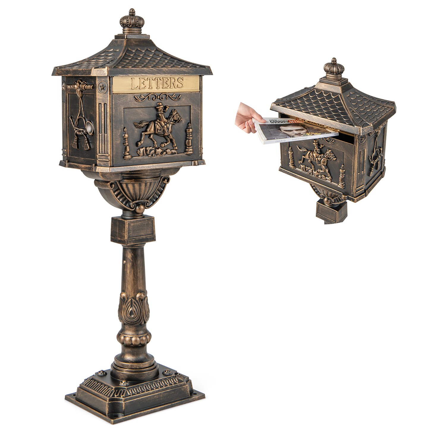 Costway Retro Cast Aluminum Mailbox Lockable Security Postal Letter Box withBaffle Door Bronze/Black/White
