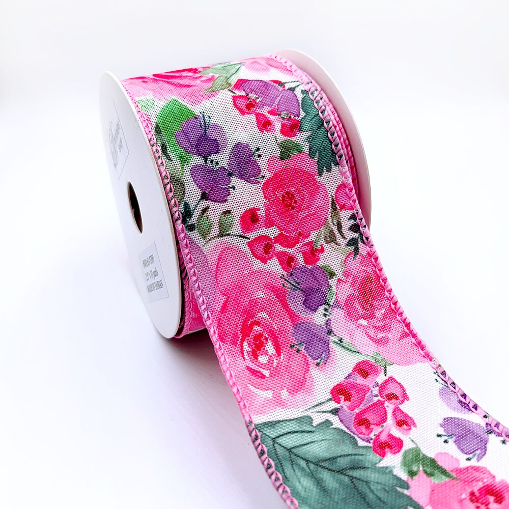 Designer&#x27;s Shop WR 63-5200 Spring Summer Pink Rose, Red / Purple small floral and green leaf on white burlap wired edge ribbons, 2.5&#x22; x 10 yards
