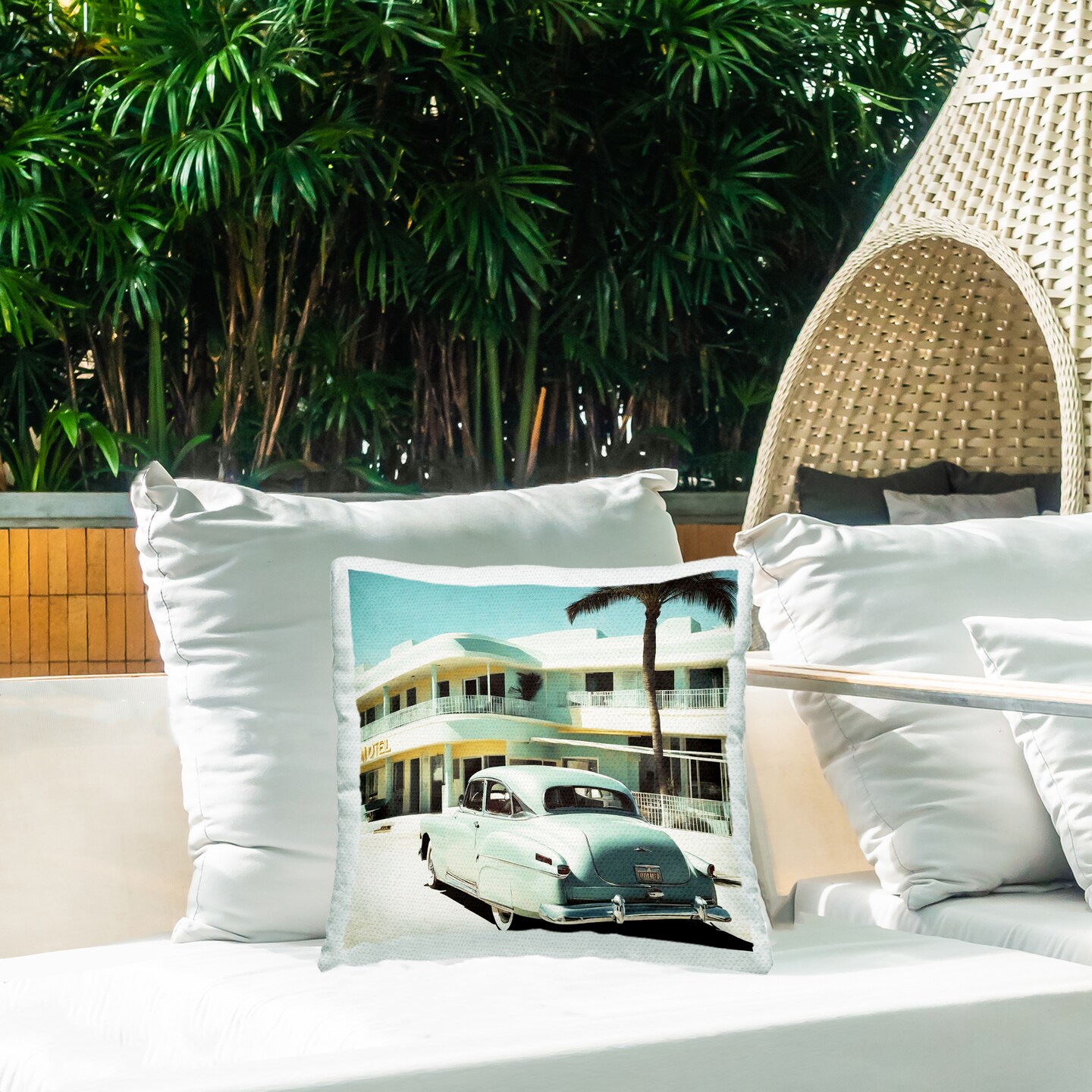 Classic Car at Motel Outdoor Printed Pillow Design by Noah Bay, 18 x 7 x 18