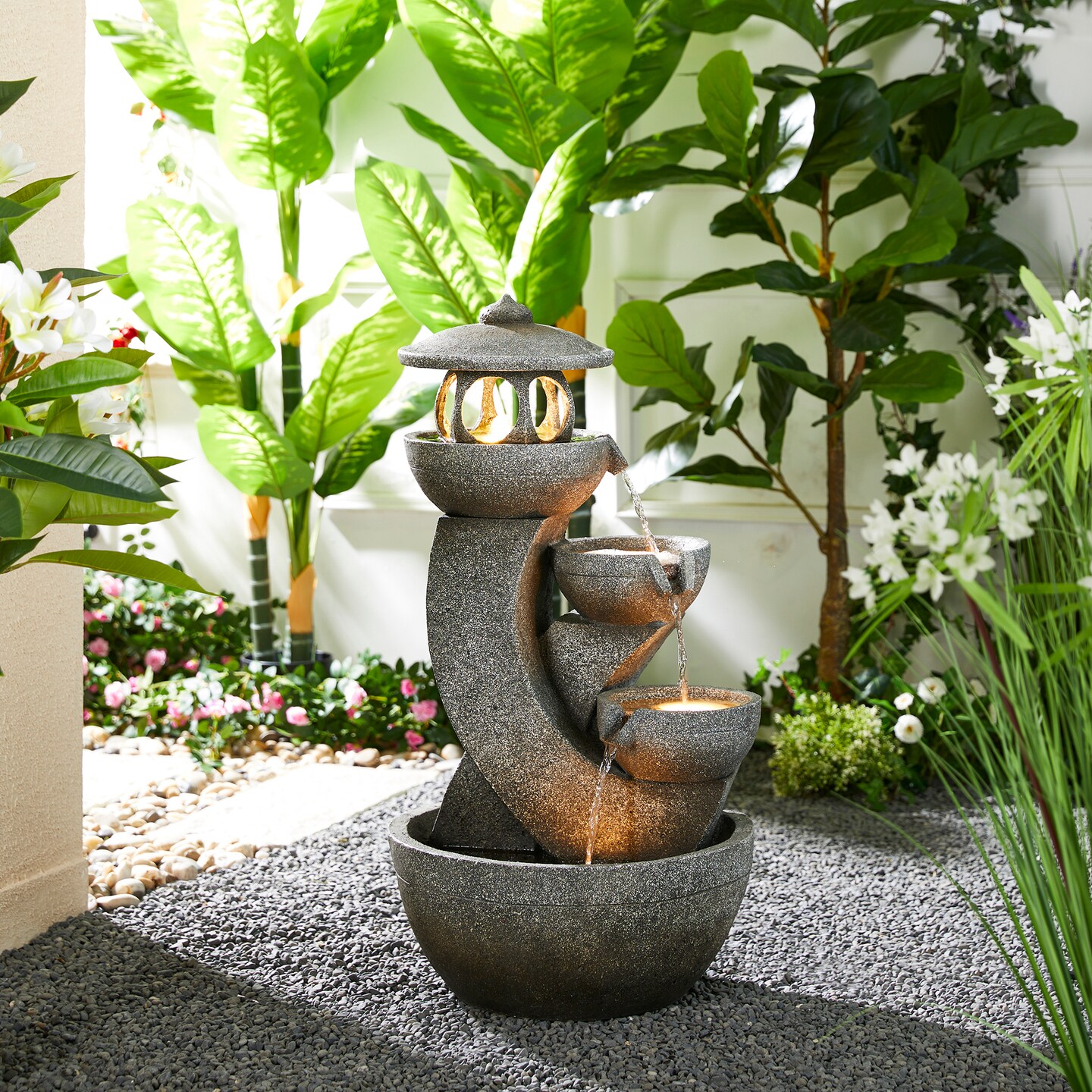32&#x22;H 4-Tiered Pagoda Polyresin Outdoor Fountain with Pump and LED Light