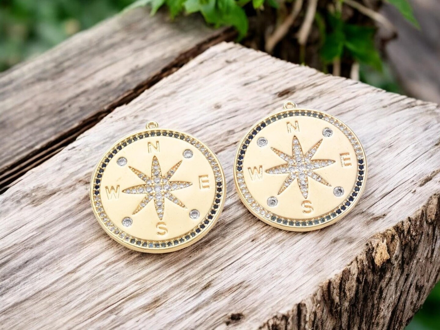 32x30mm 18k Gold Plated Micro Pave Cubic Zirconia Compass Pendant