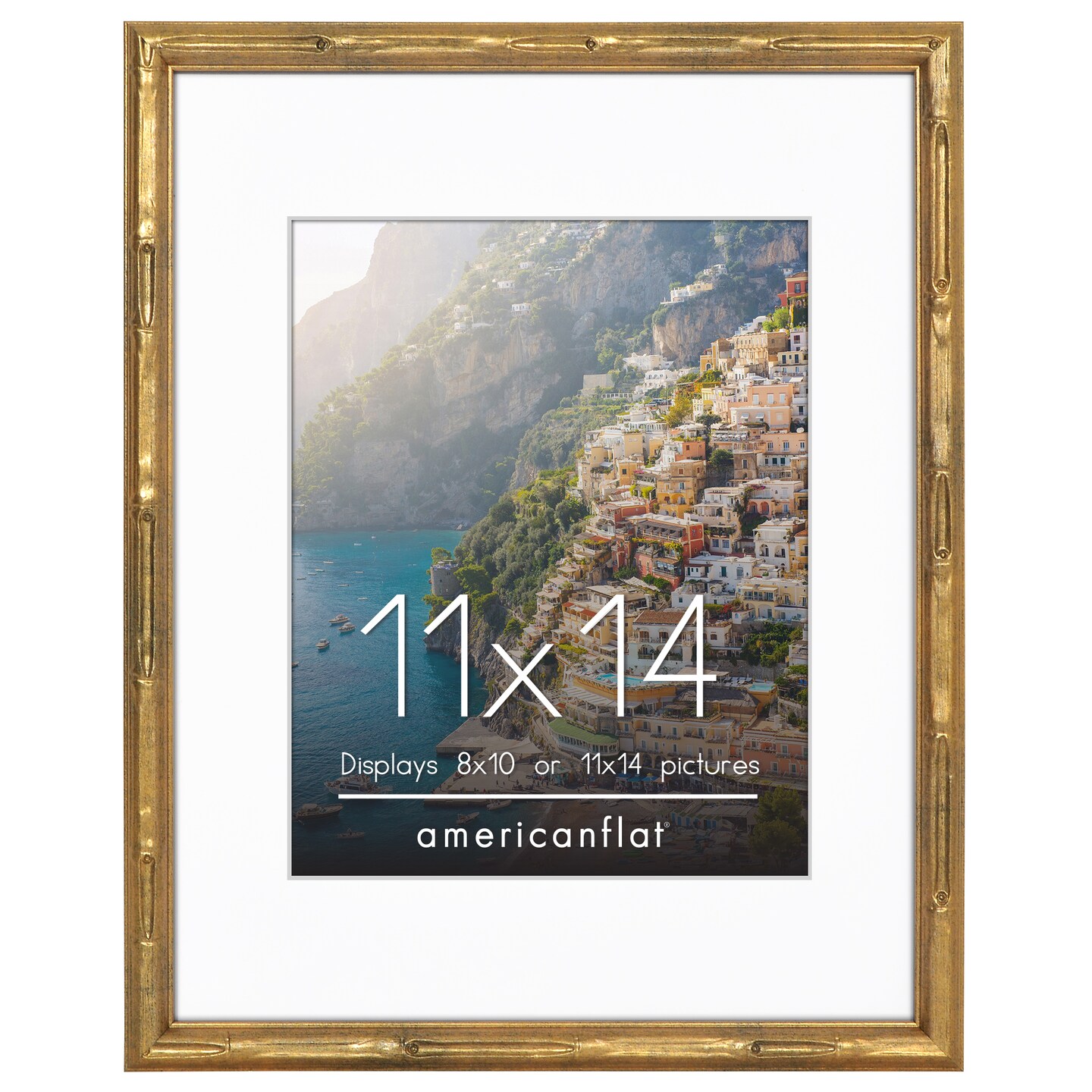Americanflat Picture Frame with Bamboo Design - Gold Frame with Shatter-Resistant Glass - Use as 5x7 Frame with Mat or 8x10 Frame Without or Use as 8x10 Frame with Mat or 11x14 Frame Without - Faux Bamboo Photo Frame for Tabletop or Wall Display