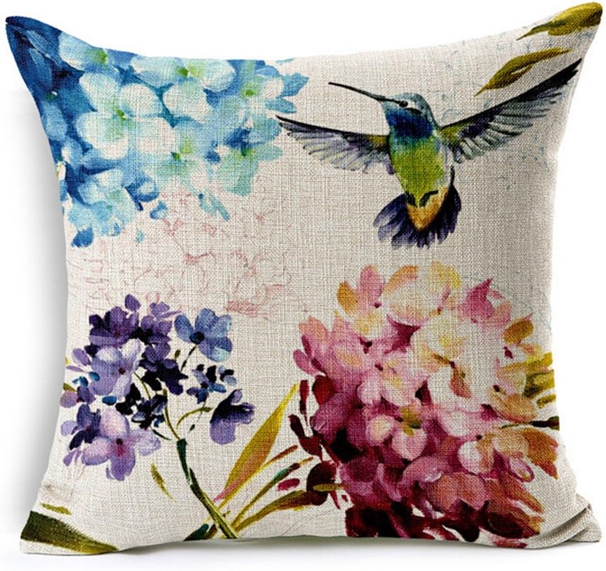 2 Pcs - 18" Vintage Tree and Flower Birds Printing Cotton Linen Throw Covers Throw Covers Square Throw Pillow Covers Cushion Cover Pillowcase (Hummingbird All (Set of 2))