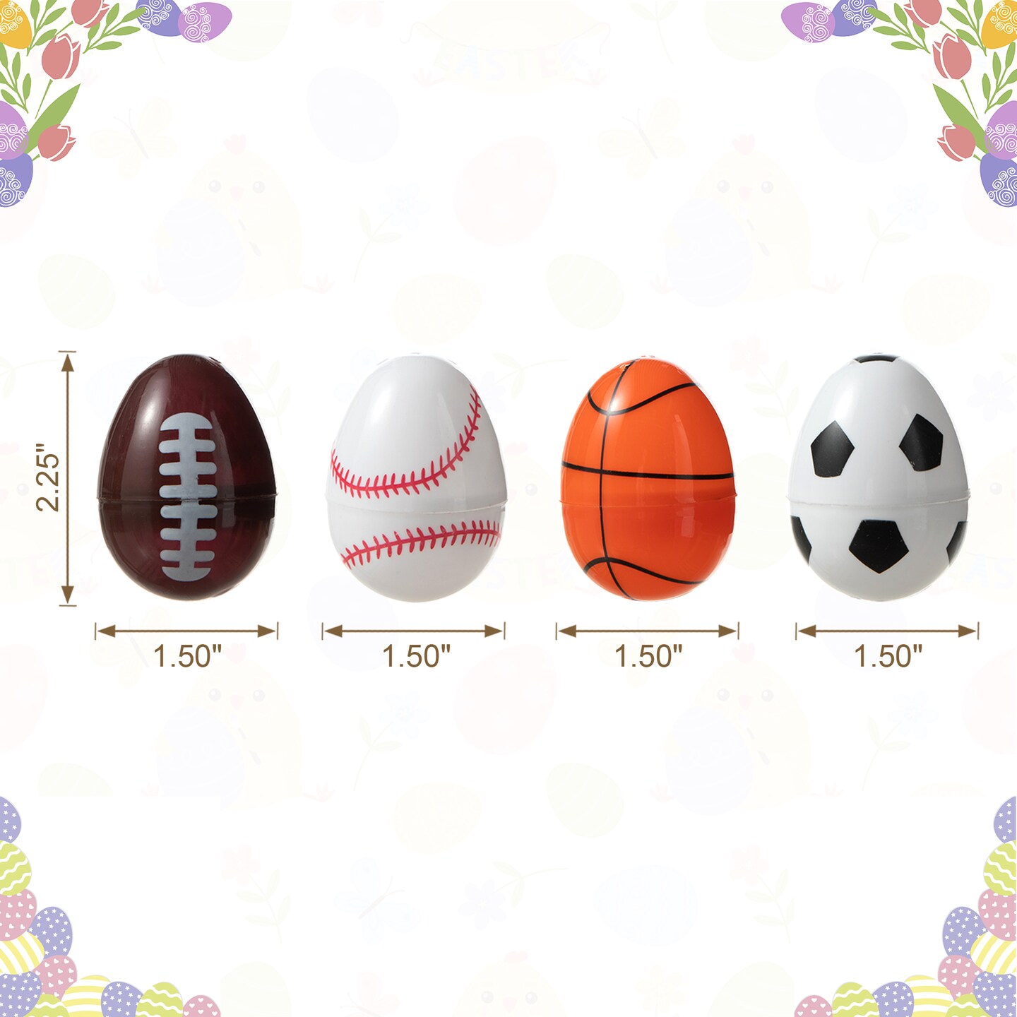 48PK 2.25&#x22;H Easter Plastic Fillable Sports Eggs, 12 of Each (Basketball, Football, Baseball, Soccer)