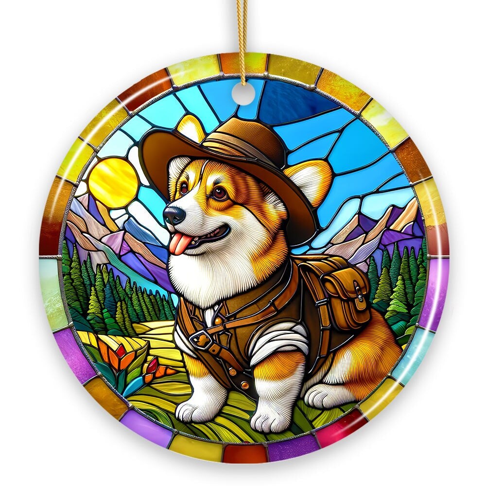 Corgi Adventurer Stained Glass Style Ceramic Ornament, Adorable Christmas Gift and Decor
