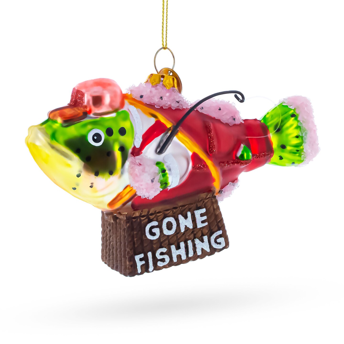 Quirky Fish in Hat Gone Fishing Glass Christmas Ornament