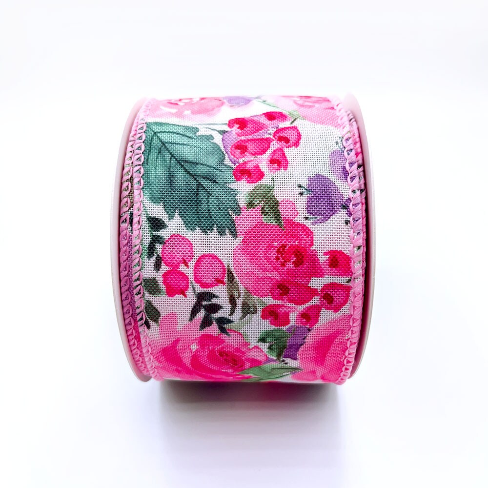 Designer&#x27;s Shop WR 63-5200 Spring Summer Pink Rose, Red / Purple small floral and green leaf on white burlap wired edge ribbons, 2.5&#x22; x 10 yards