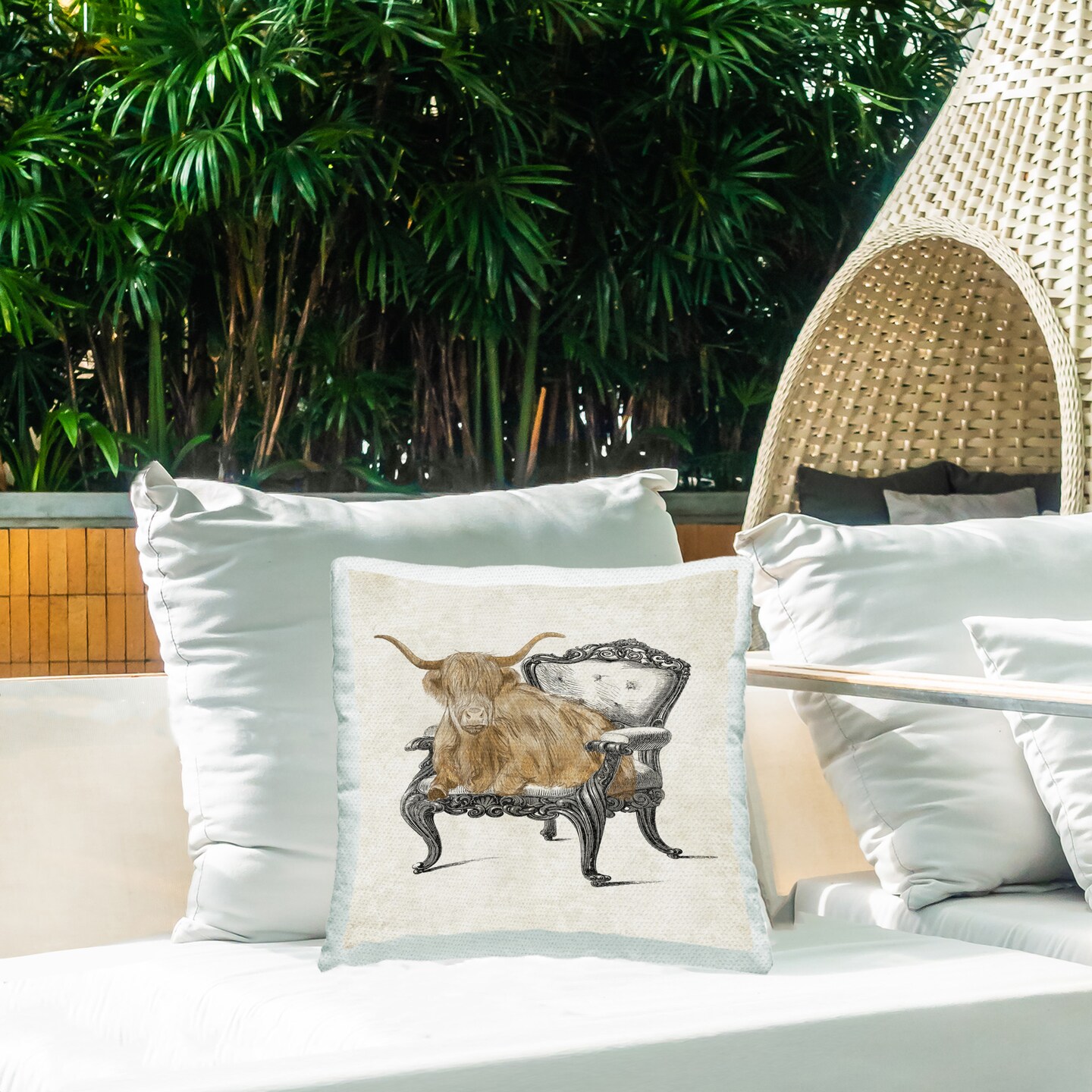 Longhorn &#x26; Antique Chair Design by Elizabeth Medley Outdoor Printed Pillow 